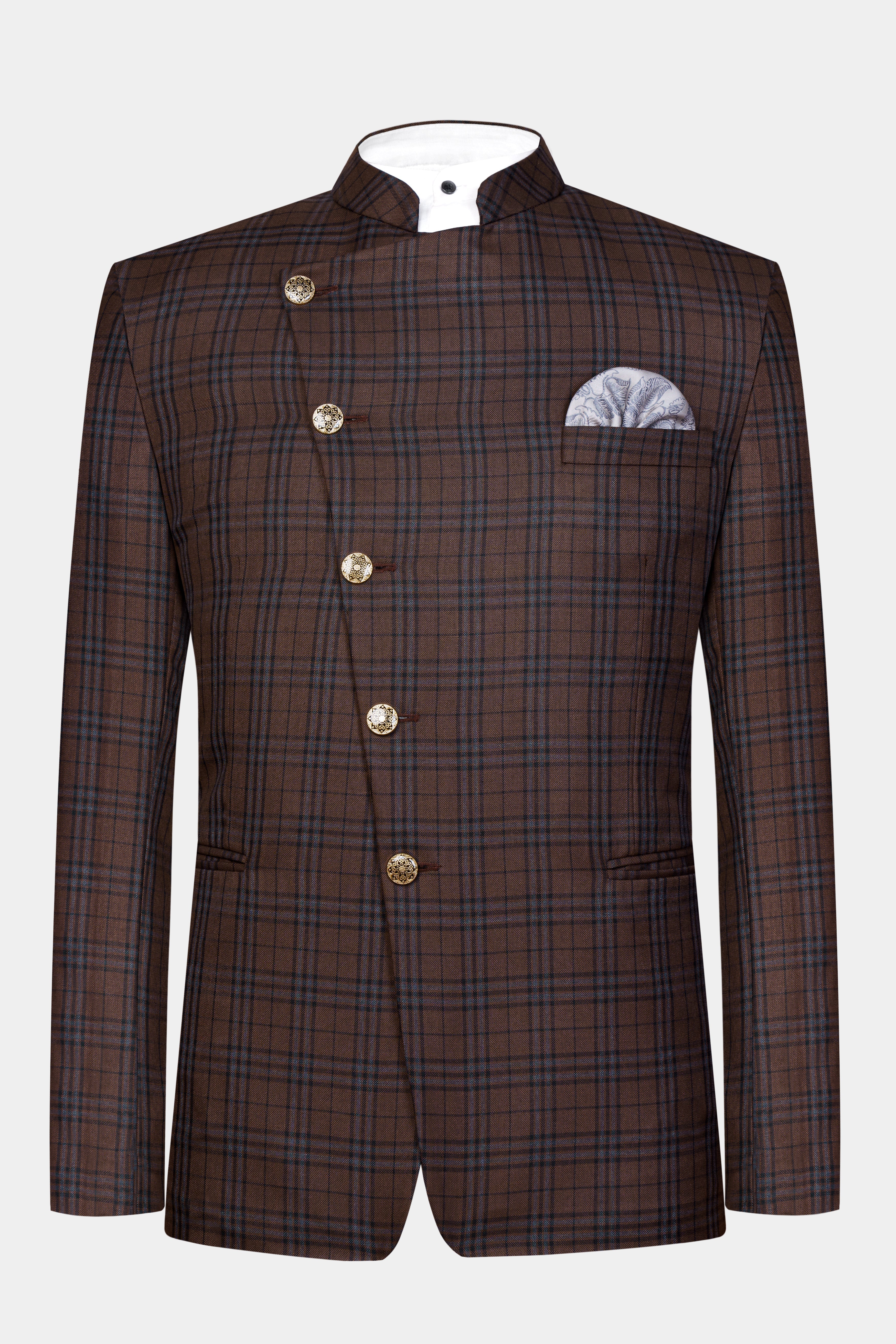 Gingerbread Brown and Haiti Blue Plaid Wool Rich Cross Placket Bandhgala Suit