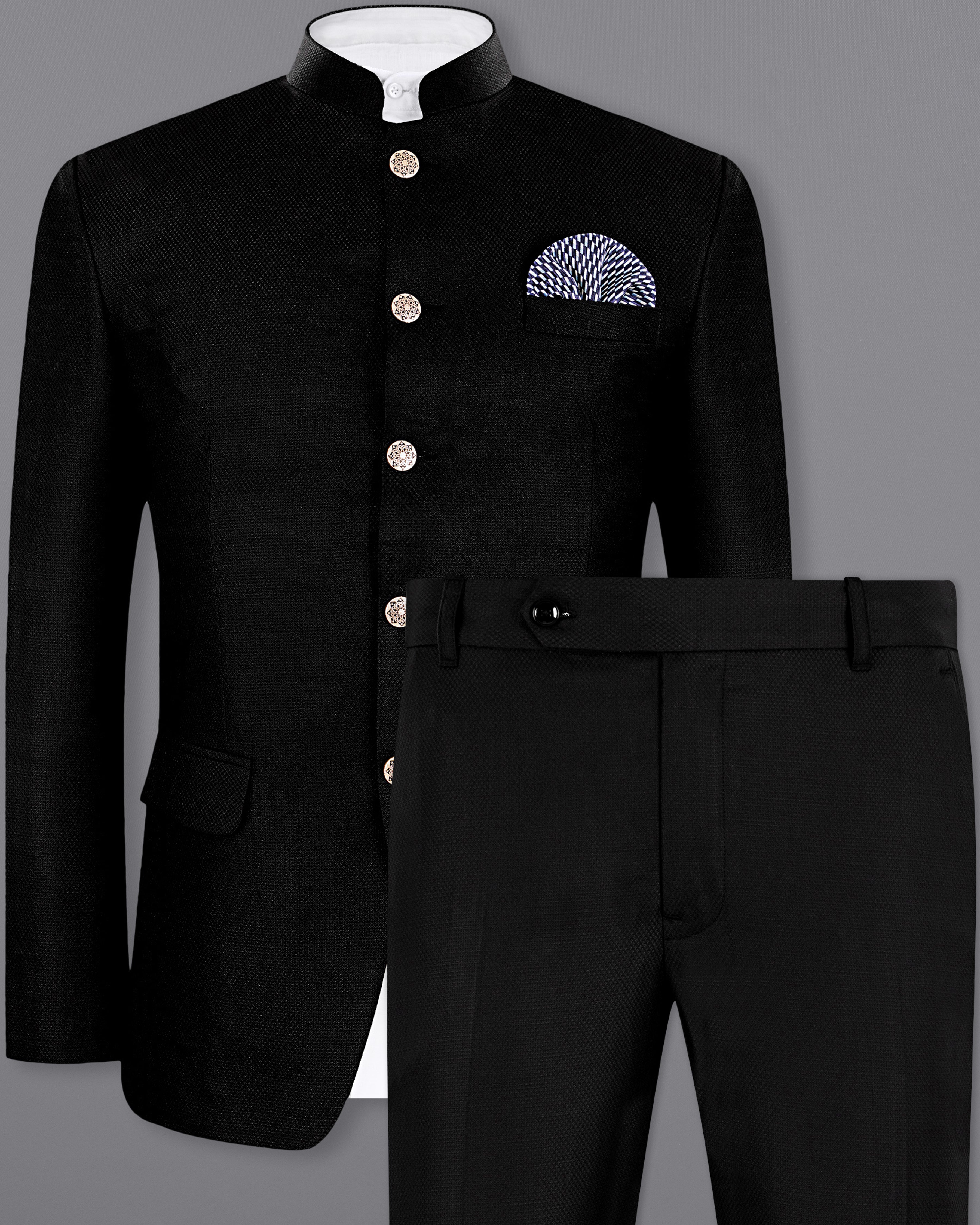 Jade Black Diamond Textured Bandhgala/Mandarin Suit