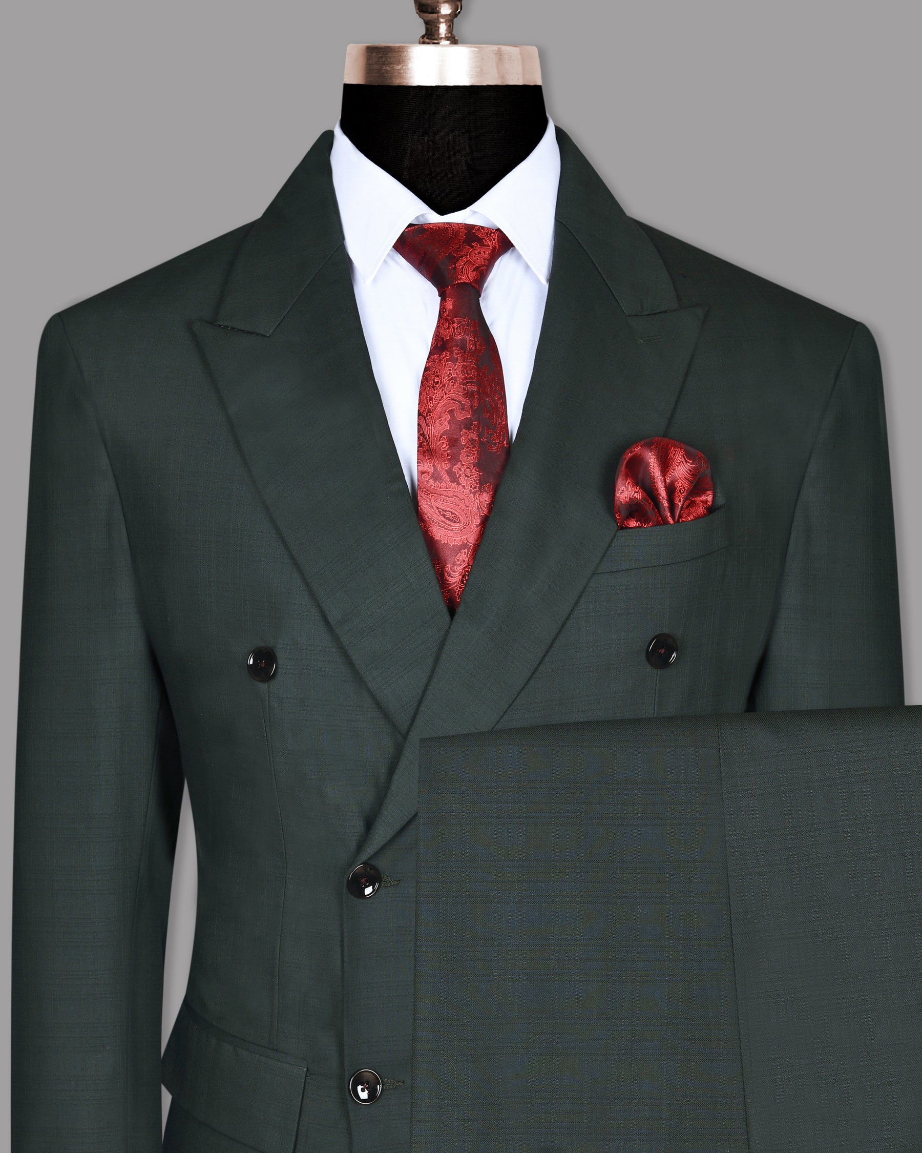 British Racing Green Subtle Windowpane Textured Double Breasted Wool Suit