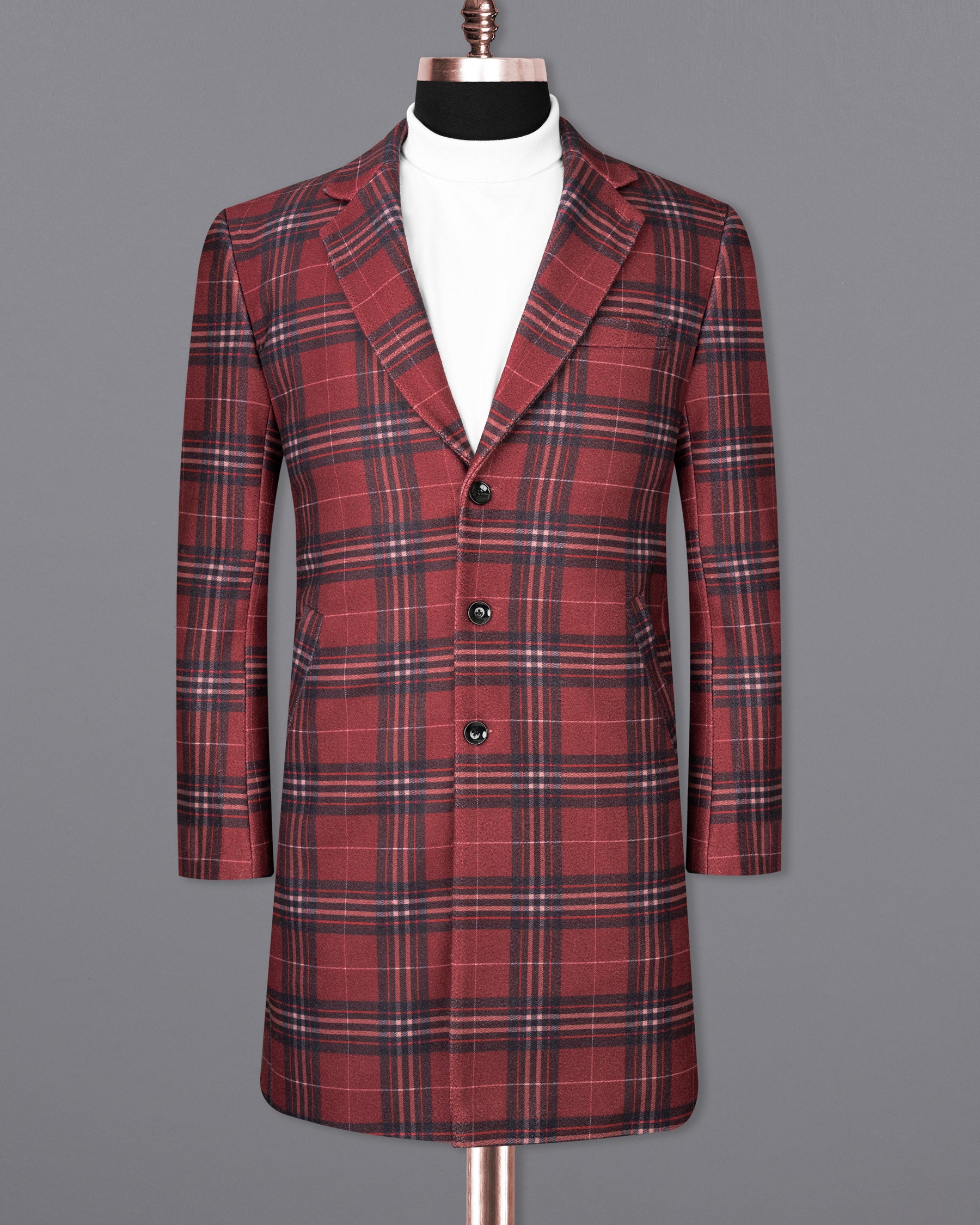 Shiraz Red Plaid Trench Coat TCB1789-SB-36, TCB1789-SB-38, TCB1789-SB-40, TCB1789-SB-42, TCB1789-SB-44, TCB1789-SB-46, TCB1789-SB-48, TCB1789-SB-50, TCB1789-SB-52, TCB1789-SB-54, TCB1789-SB-56, TCB1789-SB-58, TCB1789-SB-60