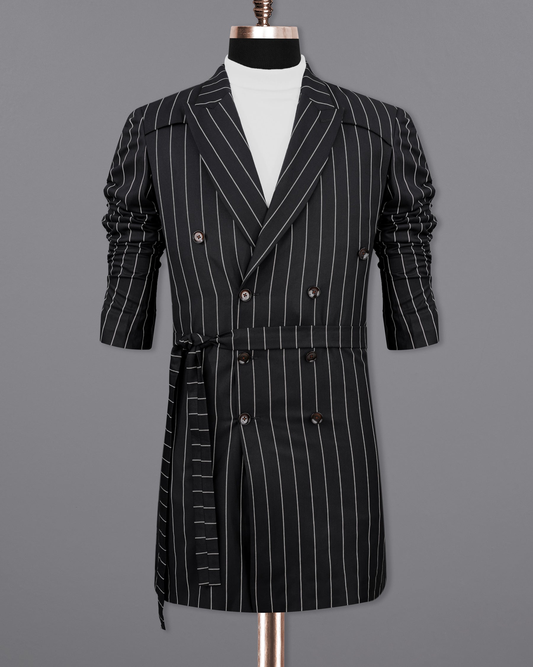 Jaguar Black with Concrete Gray Striped Double Breasted Belt Closure Trench Coat Belt Closure TCB2157-DB-D35-36, TCB2157-DB-D35-38, TCB2157-DB-D35-40, TCB2157-DB-D35-42, TCB2157-DB-D35-44, TCB2157-DB-D35-46, TCB2157-DB-D35-48, TCB2157-DB-D35-50, TCB2157-DB-D35-52, TCB2157-DB-D35-54, TCB2157-DB-D35-56, TCB2157-DB-D35-58, TCB2157-DB-D35-60