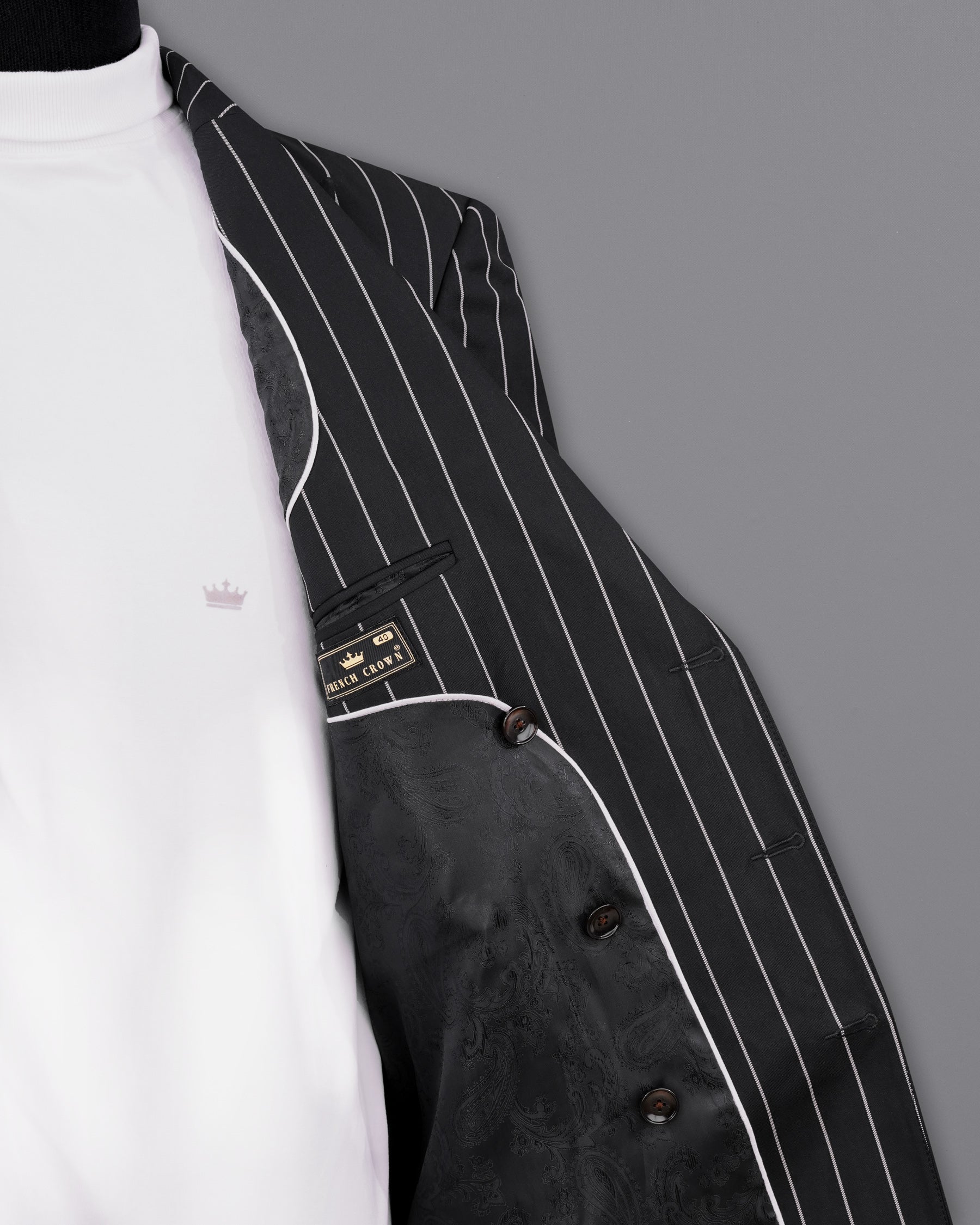 Jaguar Black with Concrete Gray Striped Double Breasted Belt Closure Trench Coat Belt Closure TCB2157-DB-D35-36, TCB2157-DB-D35-38, TCB2157-DB-D35-40, TCB2157-DB-D35-42, TCB2157-DB-D35-44, TCB2157-DB-D35-46, TCB2157-DB-D35-48, TCB2157-DB-D35-50, TCB2157-DB-D35-52, TCB2157-DB-D35-54, TCB2157-DB-D35-56, TCB2157-DB-D35-58, TCB2157-DB-D35-60