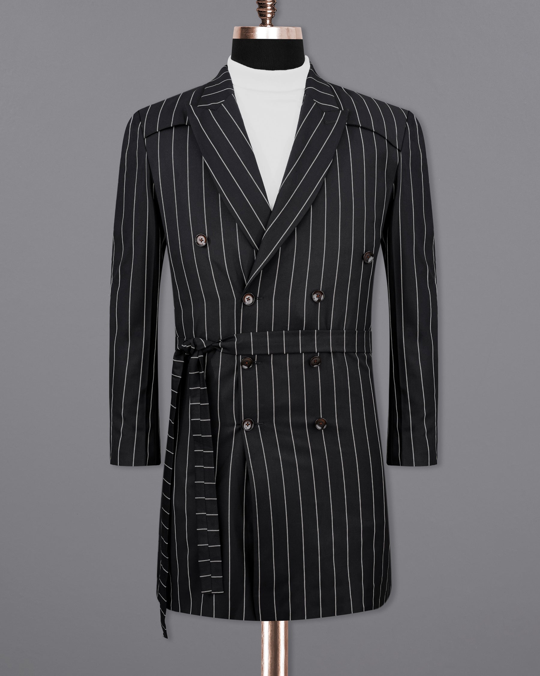 Jaguar Black with Concrete Gray Striped Double Breasted Belt Closure Trench Coat Belt Closure TCB2157-DB-D35-36, TCB2157-DB-D35-38, TCB2157-DB-D35-40, TCB2157-DB-D35-42, TCB2157-DB-D35-44, TCB2157-DB-D35-46, TCB2157-DB-D35-48, TCB2157-DB-D35-50, TCB2157-DB-D35-52, TCB2157-DB-D35-54, TCB2157-DB-D35-56, TCB2157-DB-D35-58, TCB2157-DB-D35-60