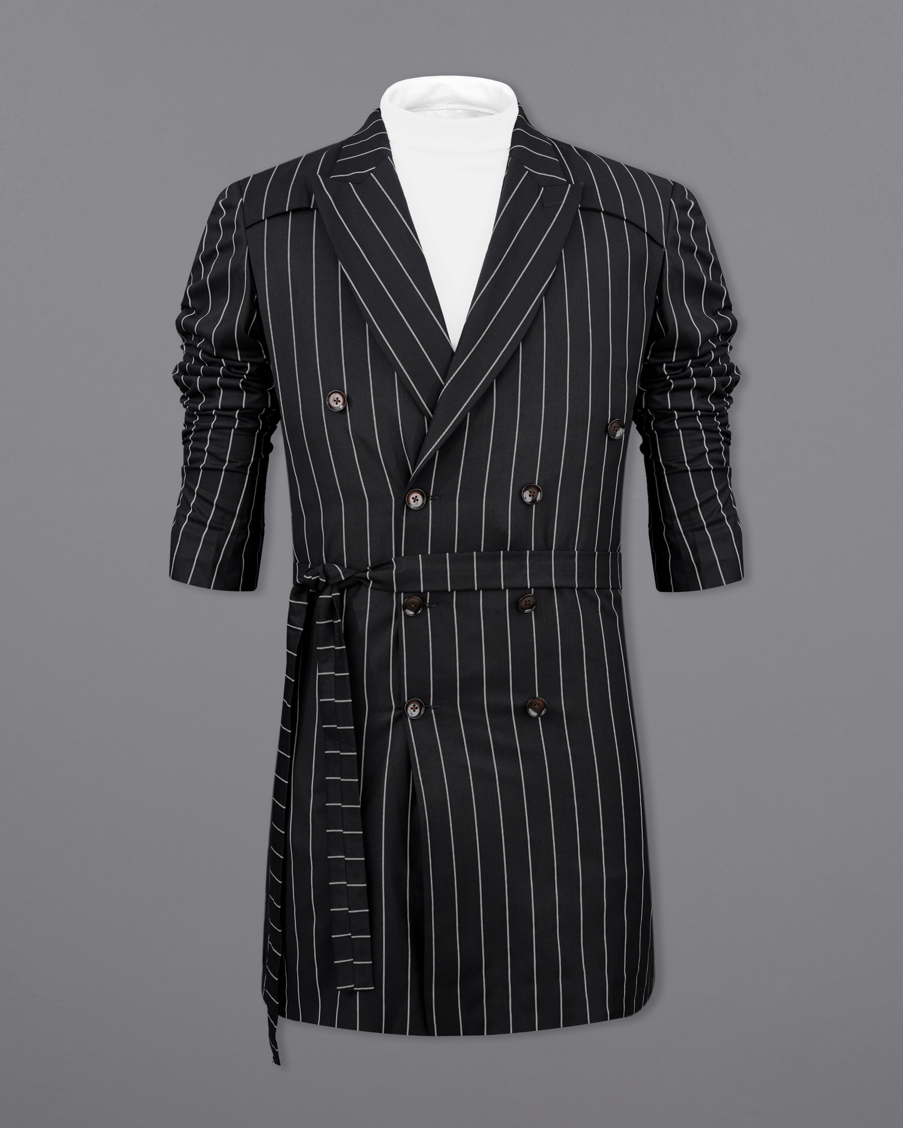 Jaguar Black with Concrete Gray Striped Double Breasted Belt Closure Trench Coat Belt Closure TCB2157-DB-D35-36, TCB2157-DB-D35-38, TCB2157-DB-D35-40, TCB2157-DB-D35-42, TCB2157-DB-D35-44, TCB2157-DB-D35-46, TCB2157-DB-D35-48, TCB2157-DB-D35-50, TCB2157-DB-D35-52, TCB2157-DB-D35-54, TCB2157-DB-D35-56, TCB2157-DB-D35-58, TCB2157-DB-D35-60