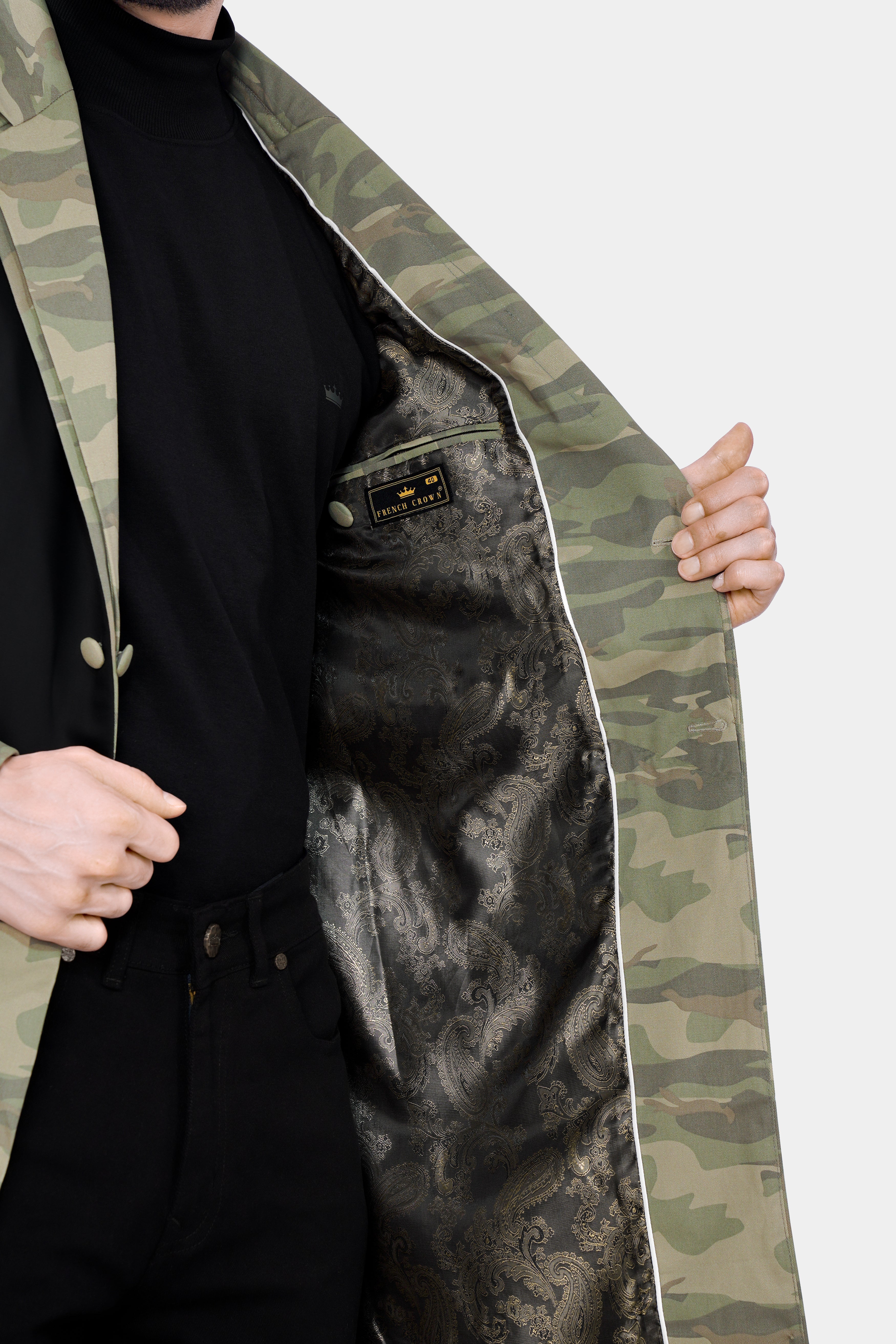 Sage Green with Sandrift Brown Camouflage and Black Premium Cotton Designer Trench Coat