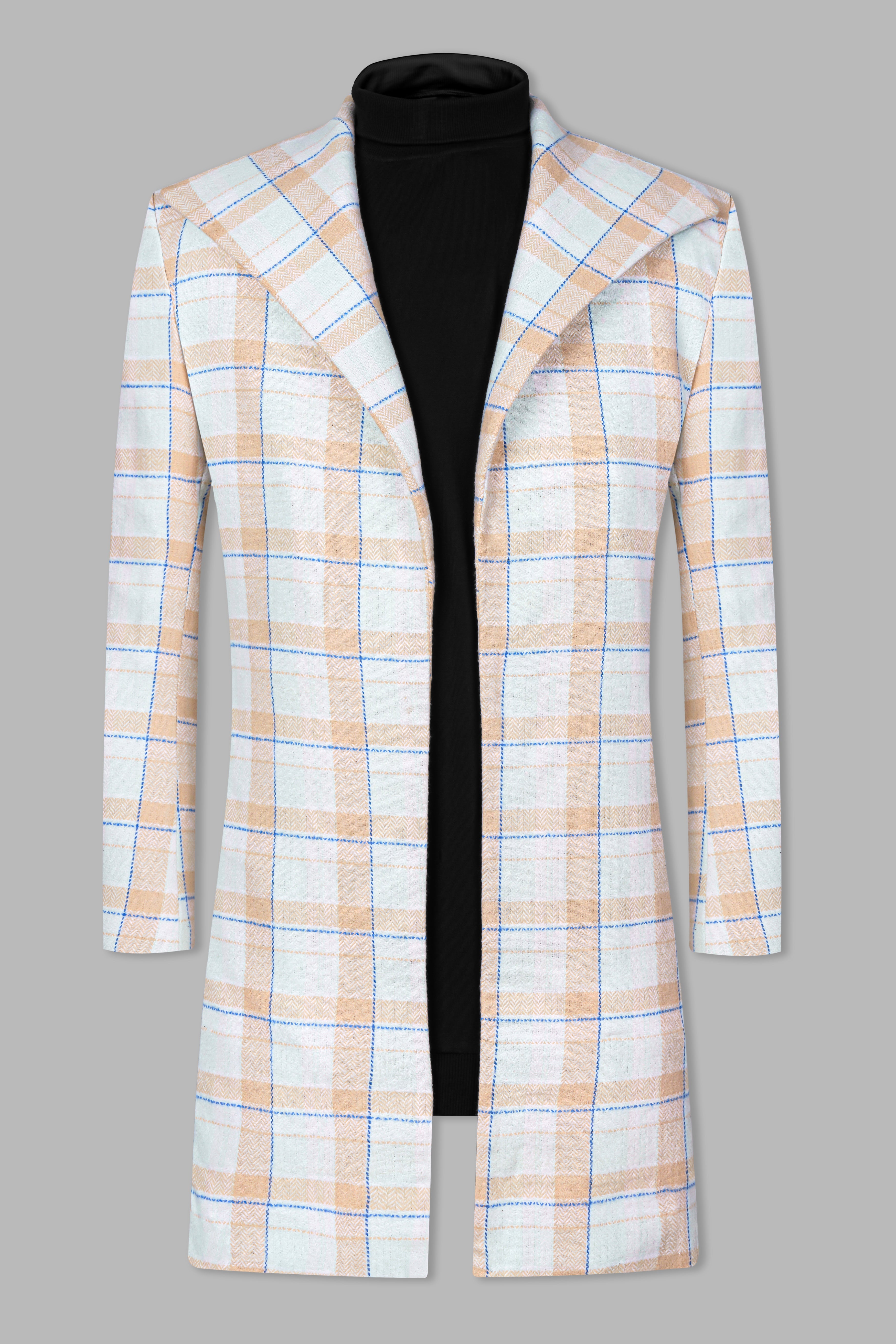 Bright White and Cashmere Peach Plaid Cotton Designer Trench Coat