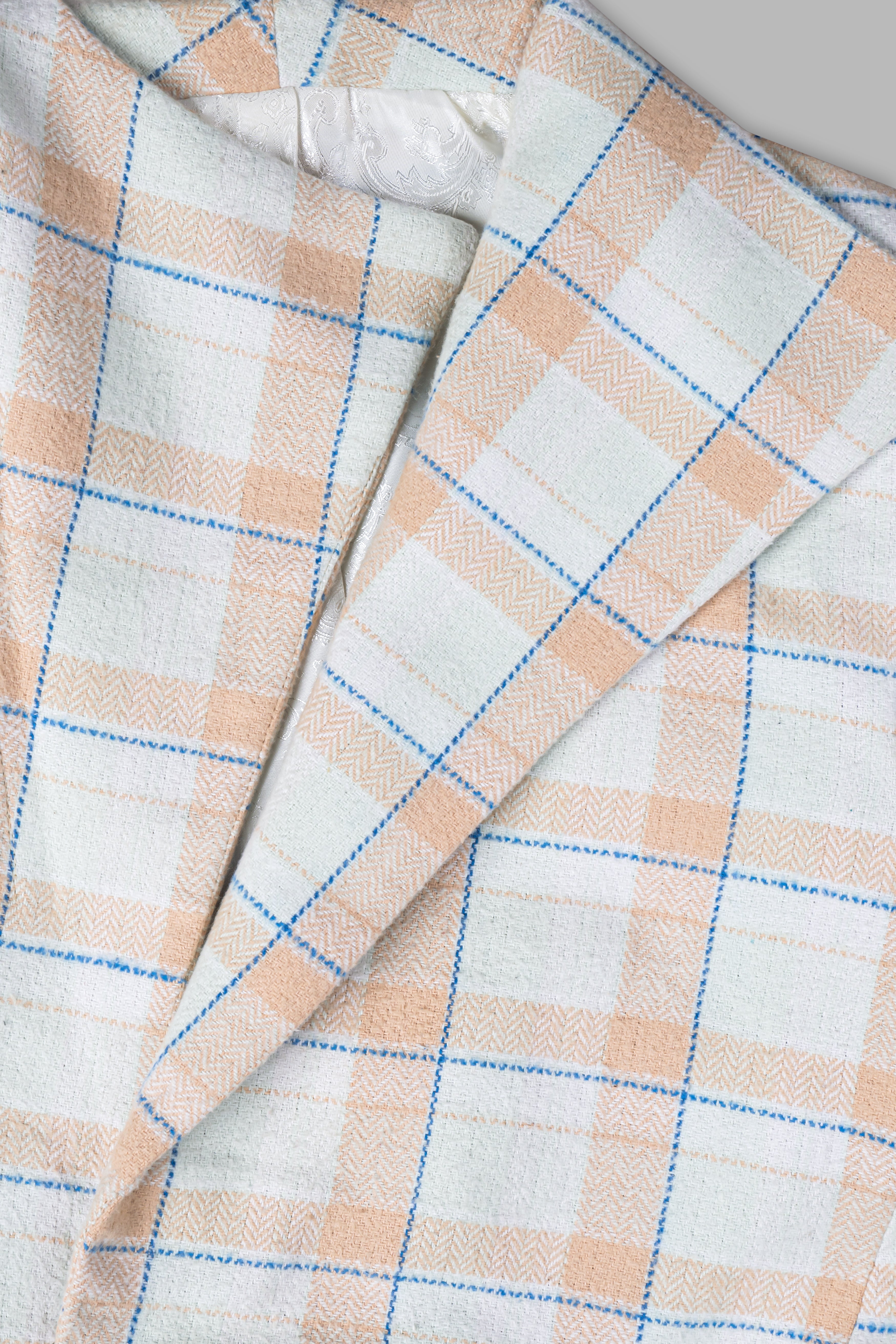 Bright White and Cashmere Peach Plaid Cotton Designer Trench Coat