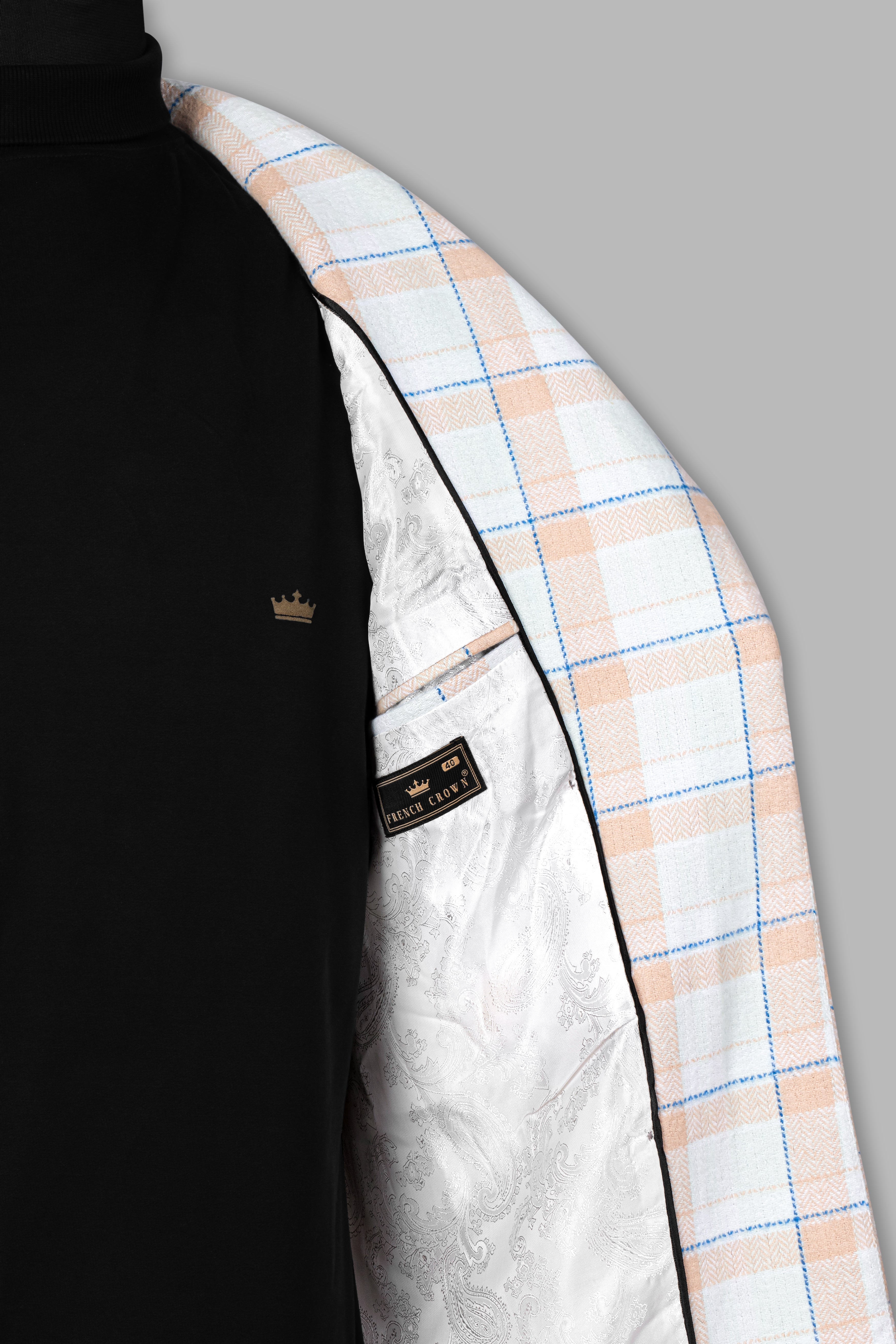 Bright White and Cashmere Peach Plaid Cotton Designer Trench Coat