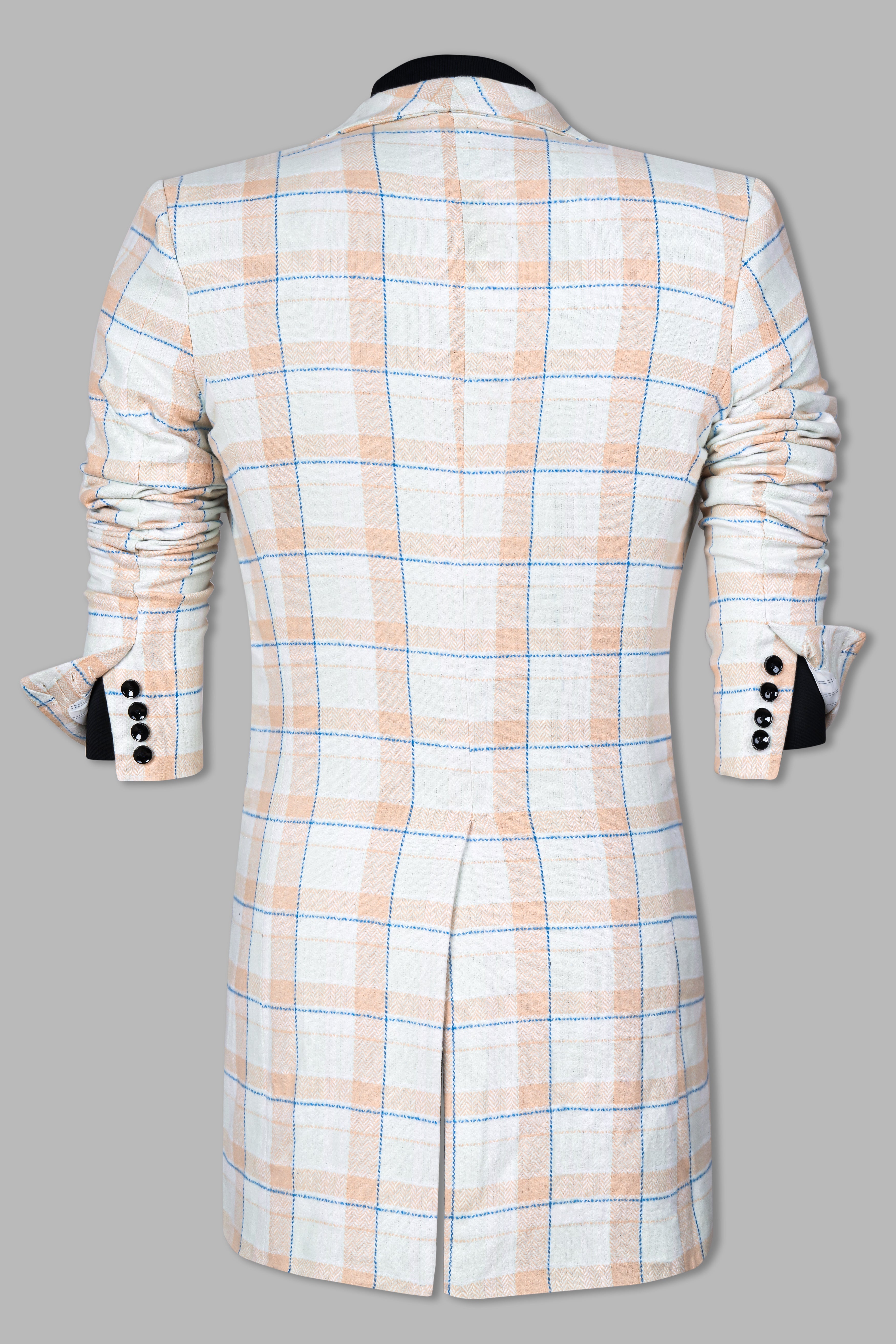Bright White and Cashmere Peach Plaid Cotton Designer Trench Coat
