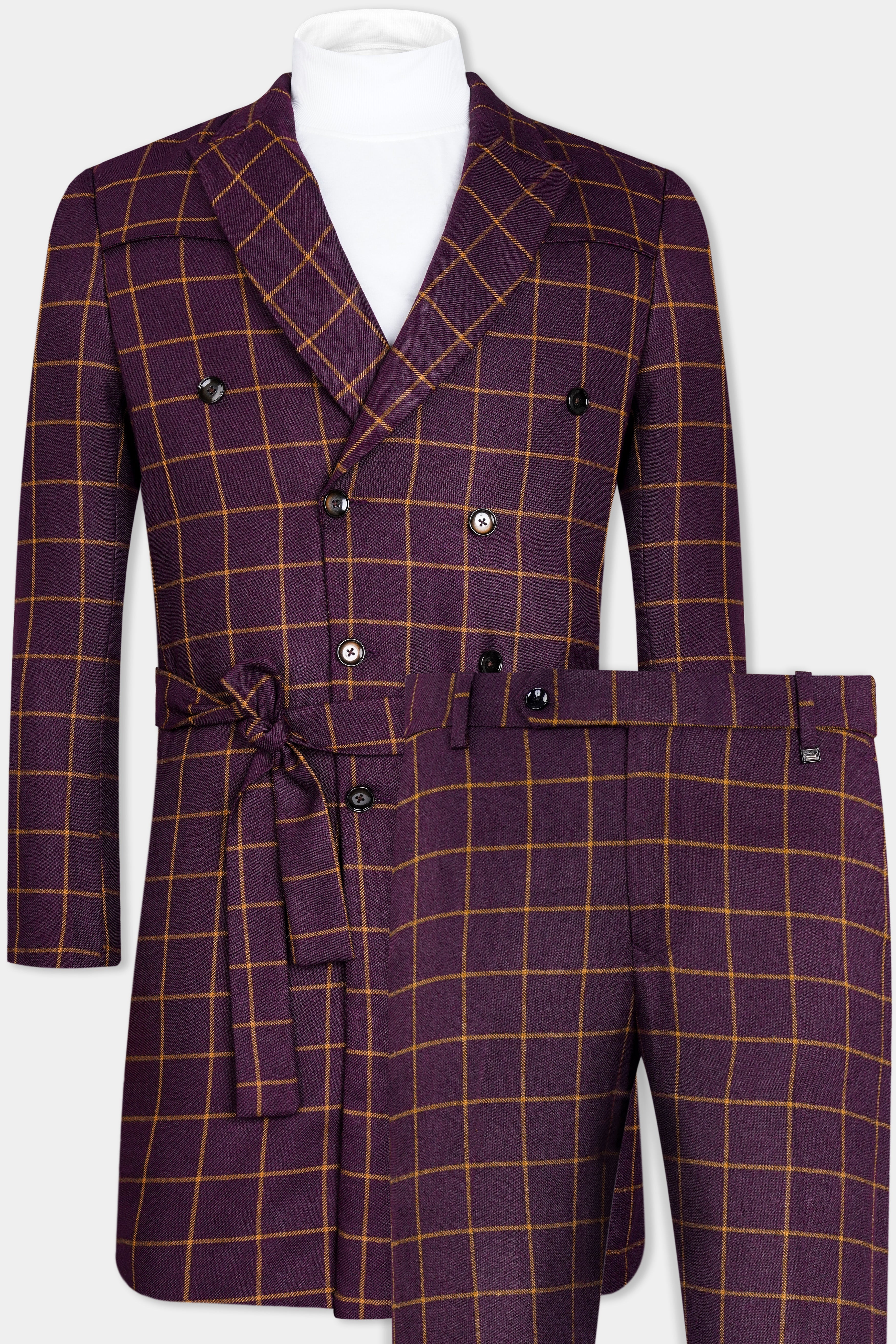 Eggplant Wine Windowpane Double Breasted Wool Rich Designer Trench Coat With Pant