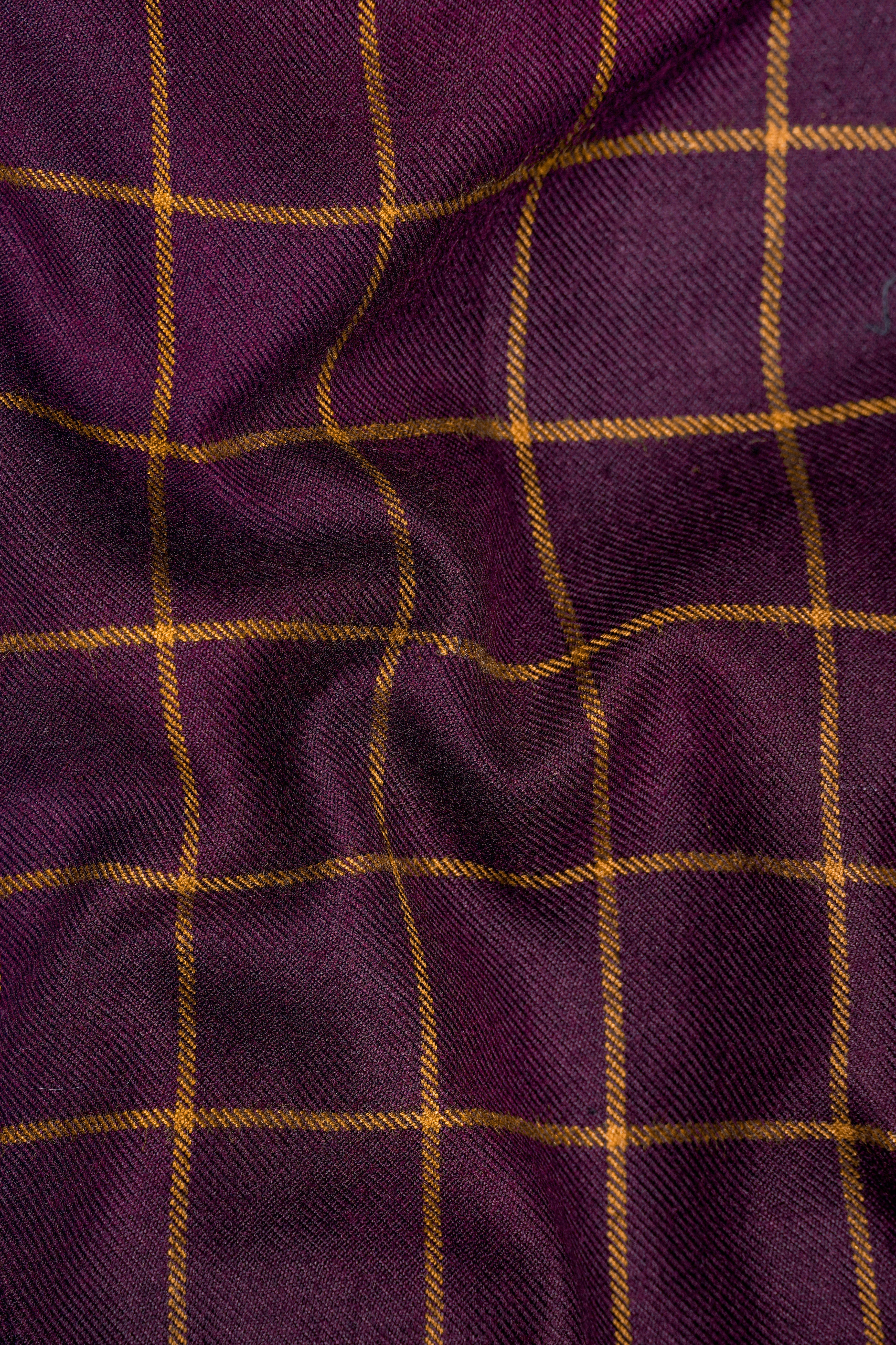 Eggplant Wine Windowpane Double Breasted Wool Rich Designer Trench Coat With Pant