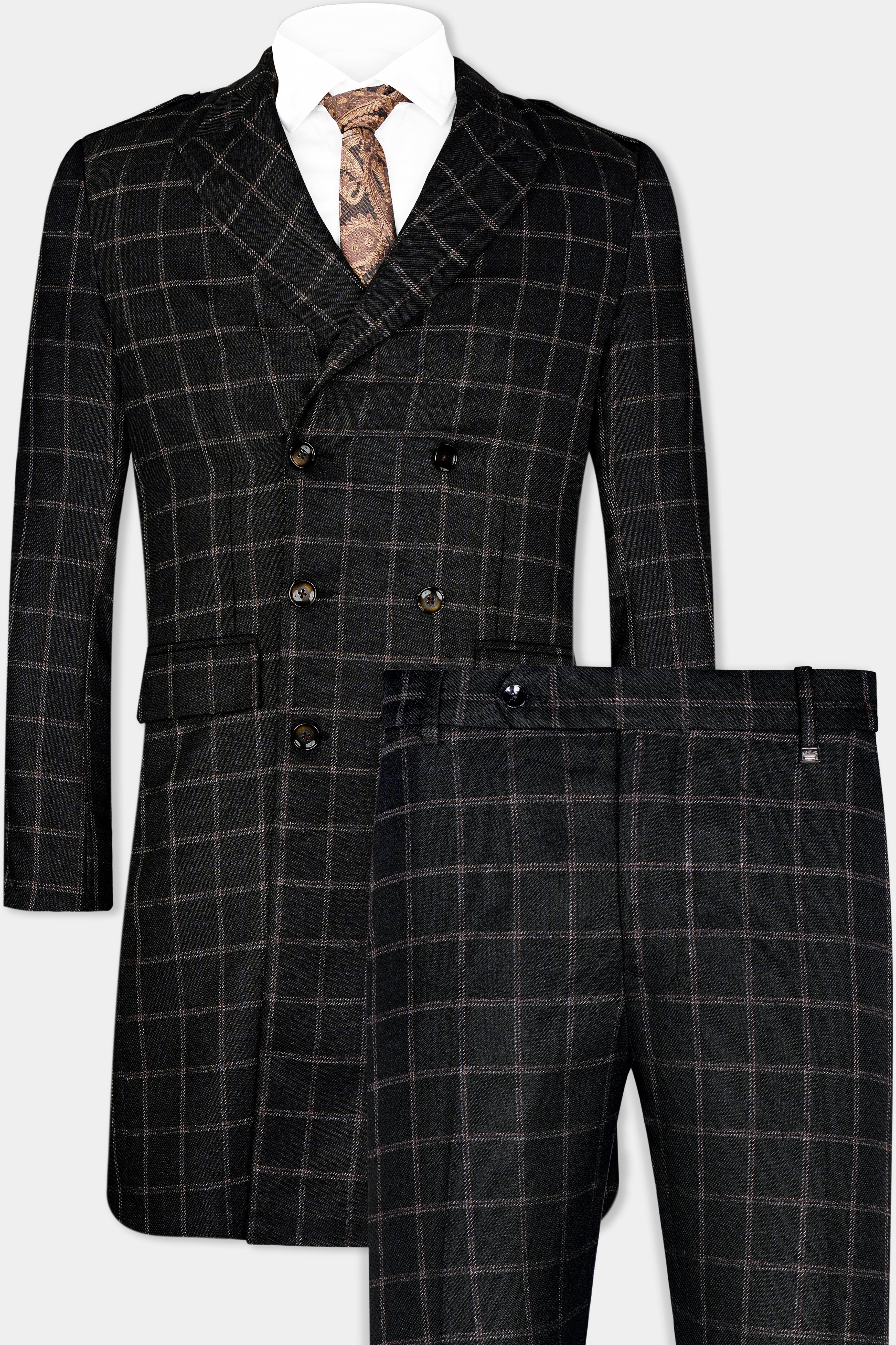Jade Black and Saddle Brown Windowpane Tweed Trench Coat With Pant TCPT2920-DB-D202-36, TCPT2920-DB-D202-38, TCPT2920-DB-D202-40, TCPT2920-DB-D202-42, TCPT2920-DB-D202-44, TCPT2920-DB-D202-46, TCPT2920-DB-D202-48, TCPT2920-DB-D202-50, TCPT2920-DB-D202-52, TCPT2920-DB-D202-54, TCPT2920-DB-D202-56, TCPT2920-DB-D202-58, TCPT2920-DB-D202-60