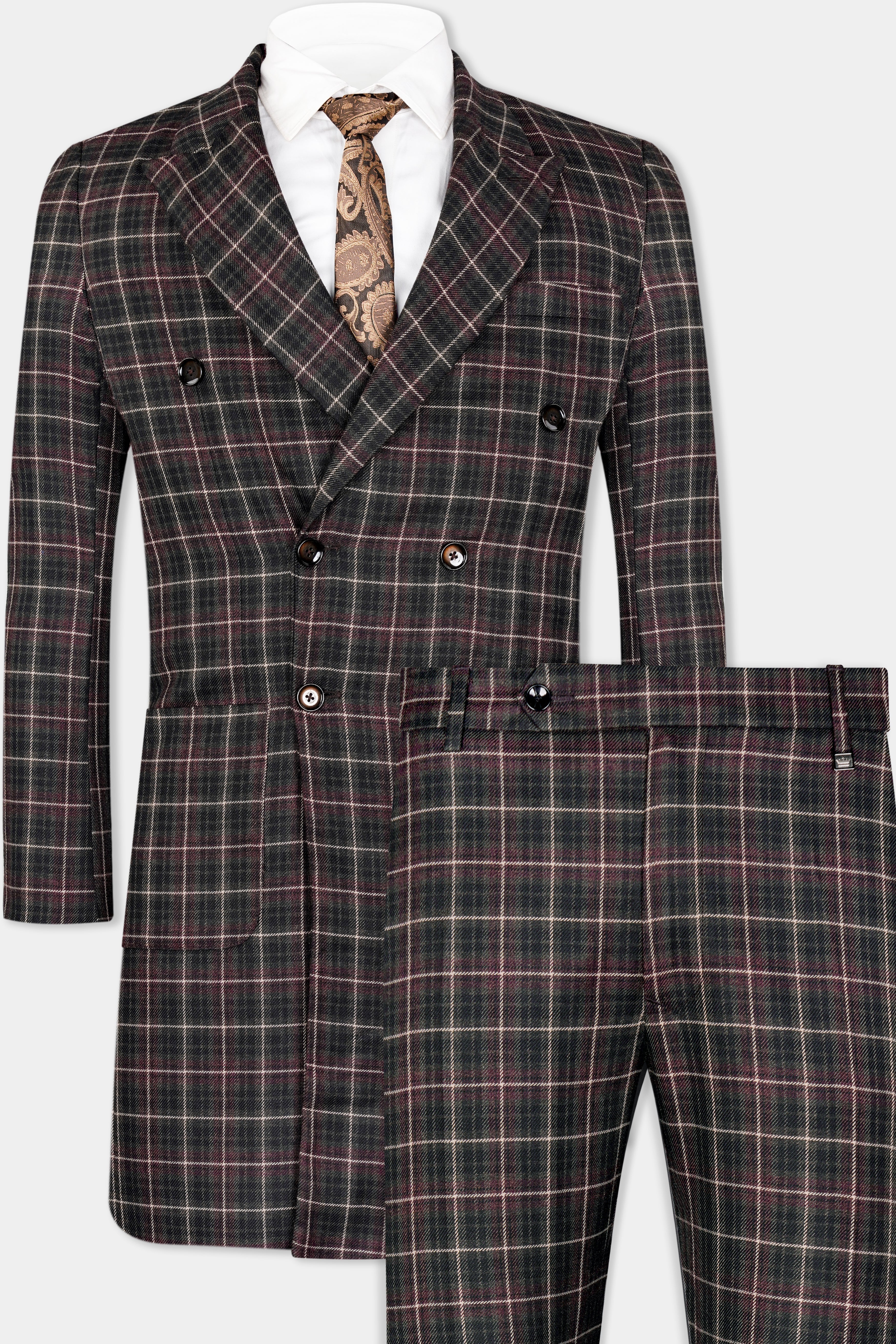 Fuscous Black and Rock Pink Plaid Tweed Double Breasted Trench Coat With Pant