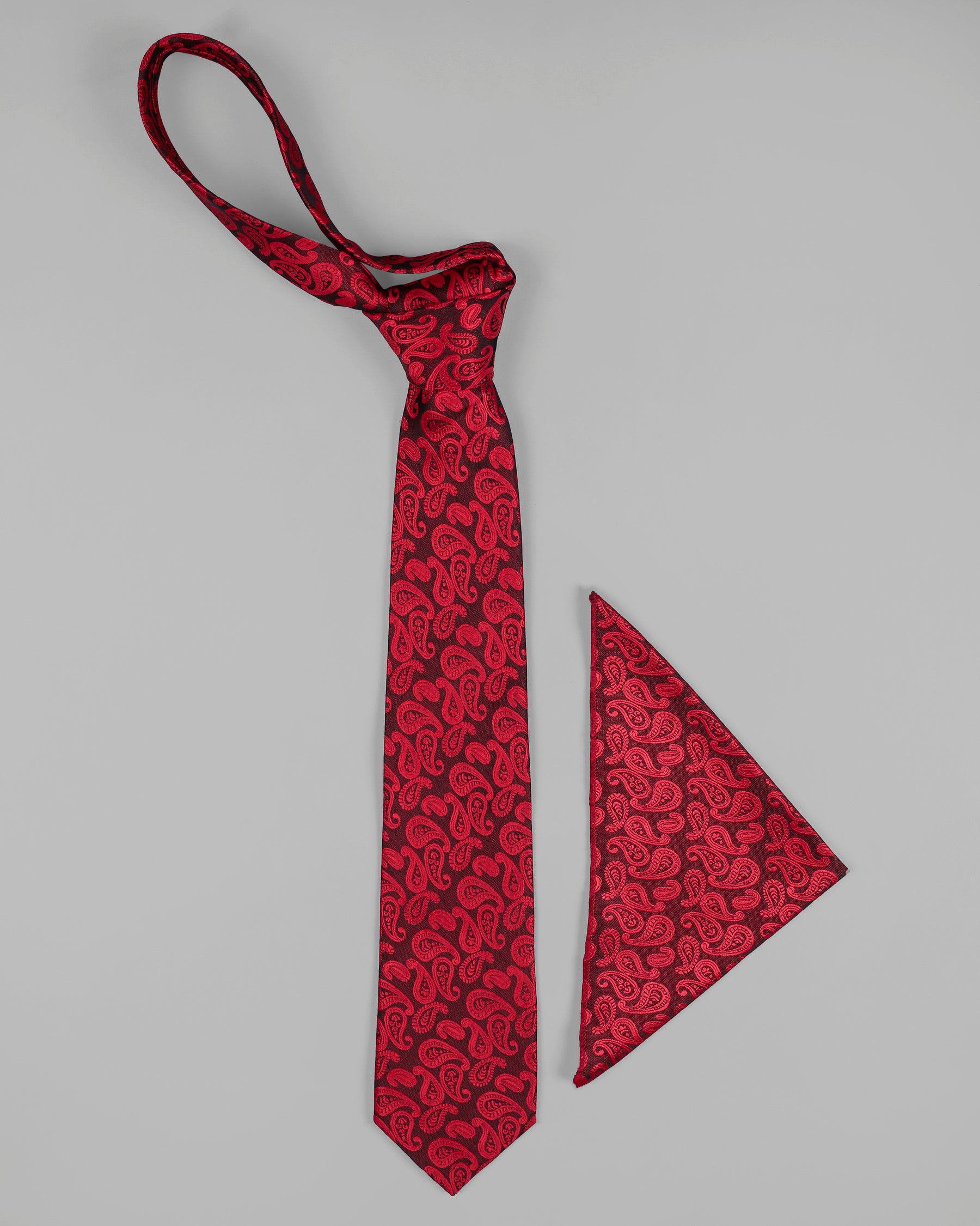 Alizarin Crimson Paisley Patterned Necktie with Free Pocket Square TP31