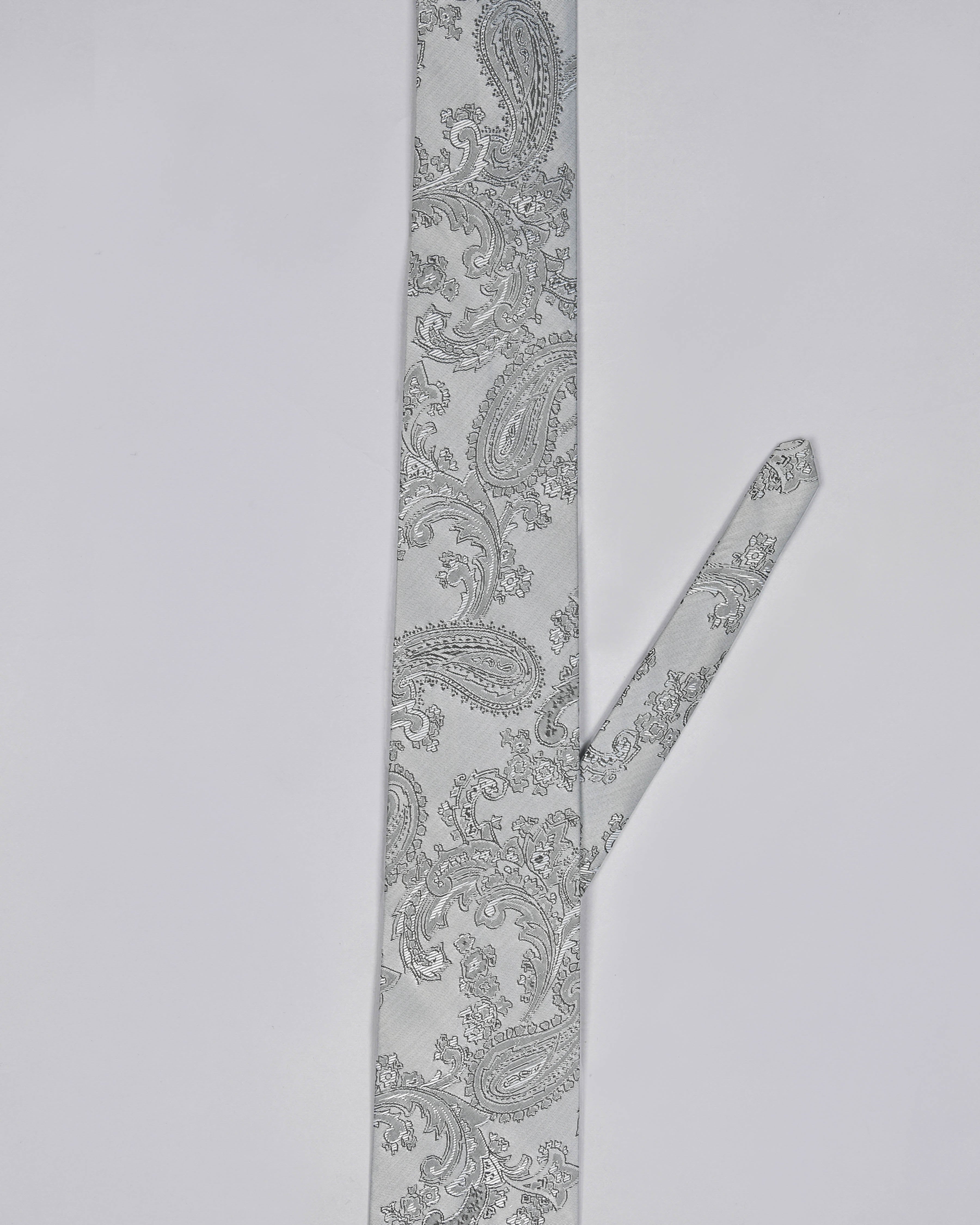 Silver Grey Paisley Jacquard Tie with Free Pocket square
