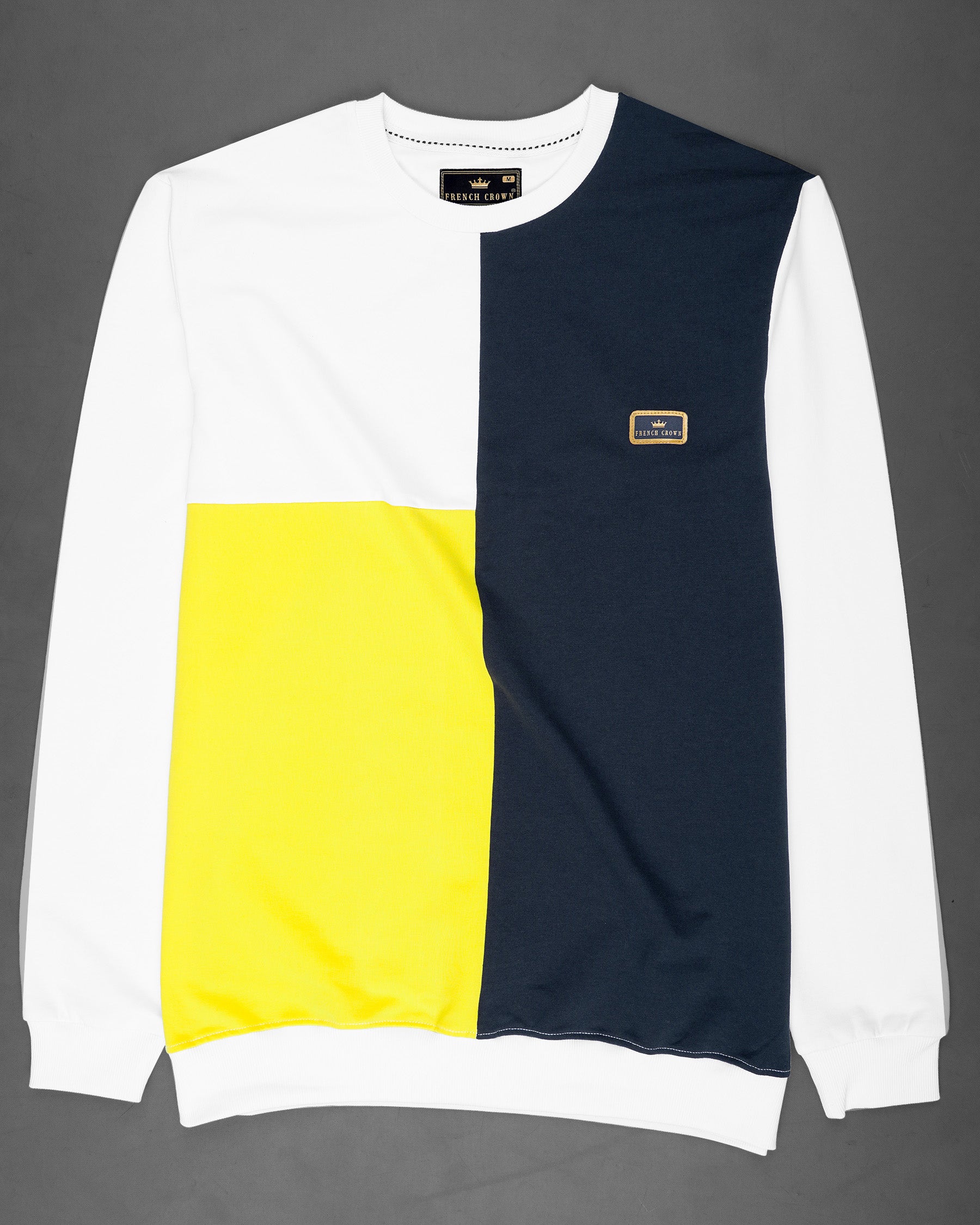 Bright White with Mirage Navy Blue and Aureolin Yellow Colour Block Sweatshirt TS589-S, TS589-M, TS589-L, TS589-XL, TS589-XXL