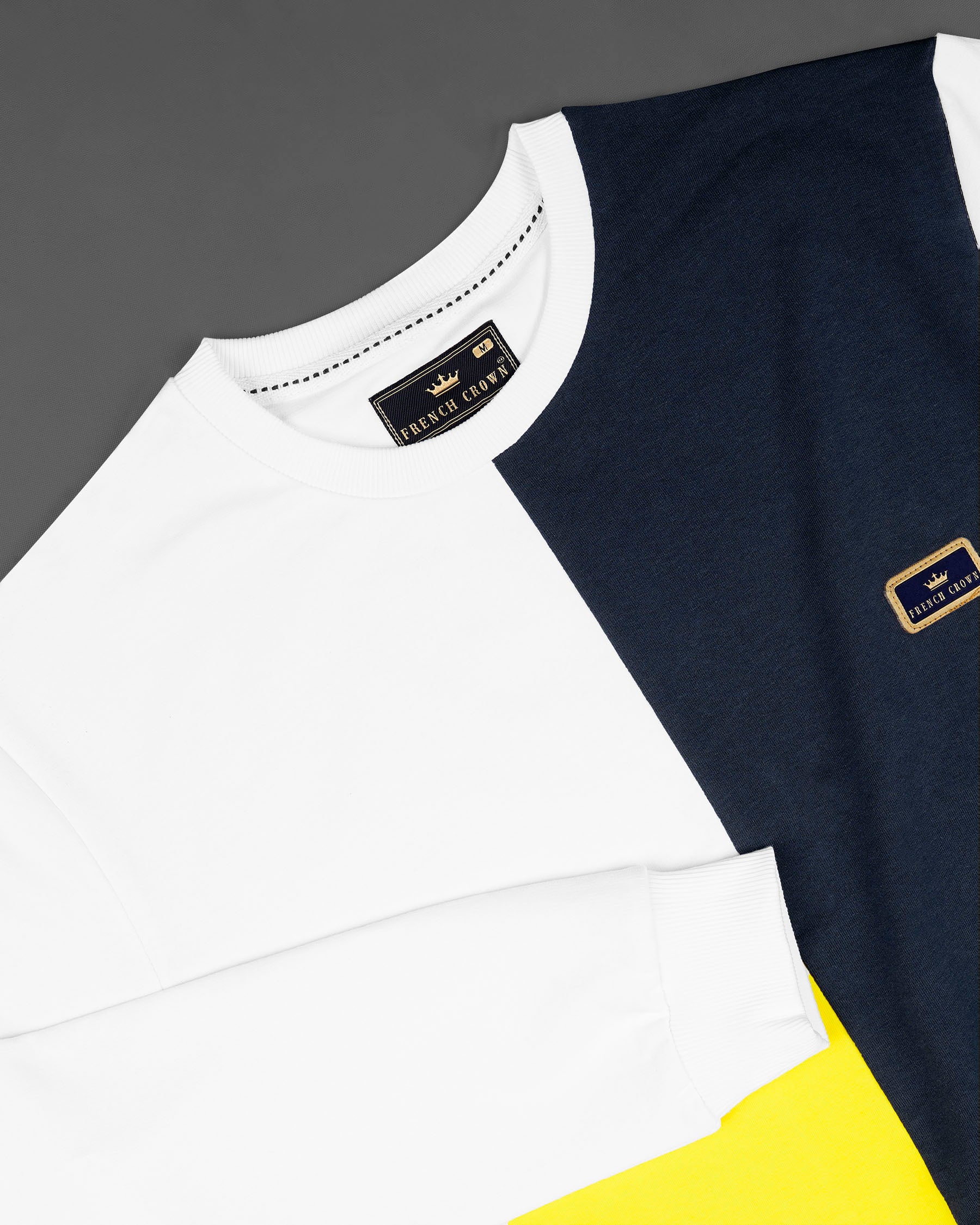 Bright White with Mirage Navy Blue and Aureolin Yellow Colour Block Sweatshirt TS589-S, TS589-M, TS589-L, TS589-XL, TS589-XXL