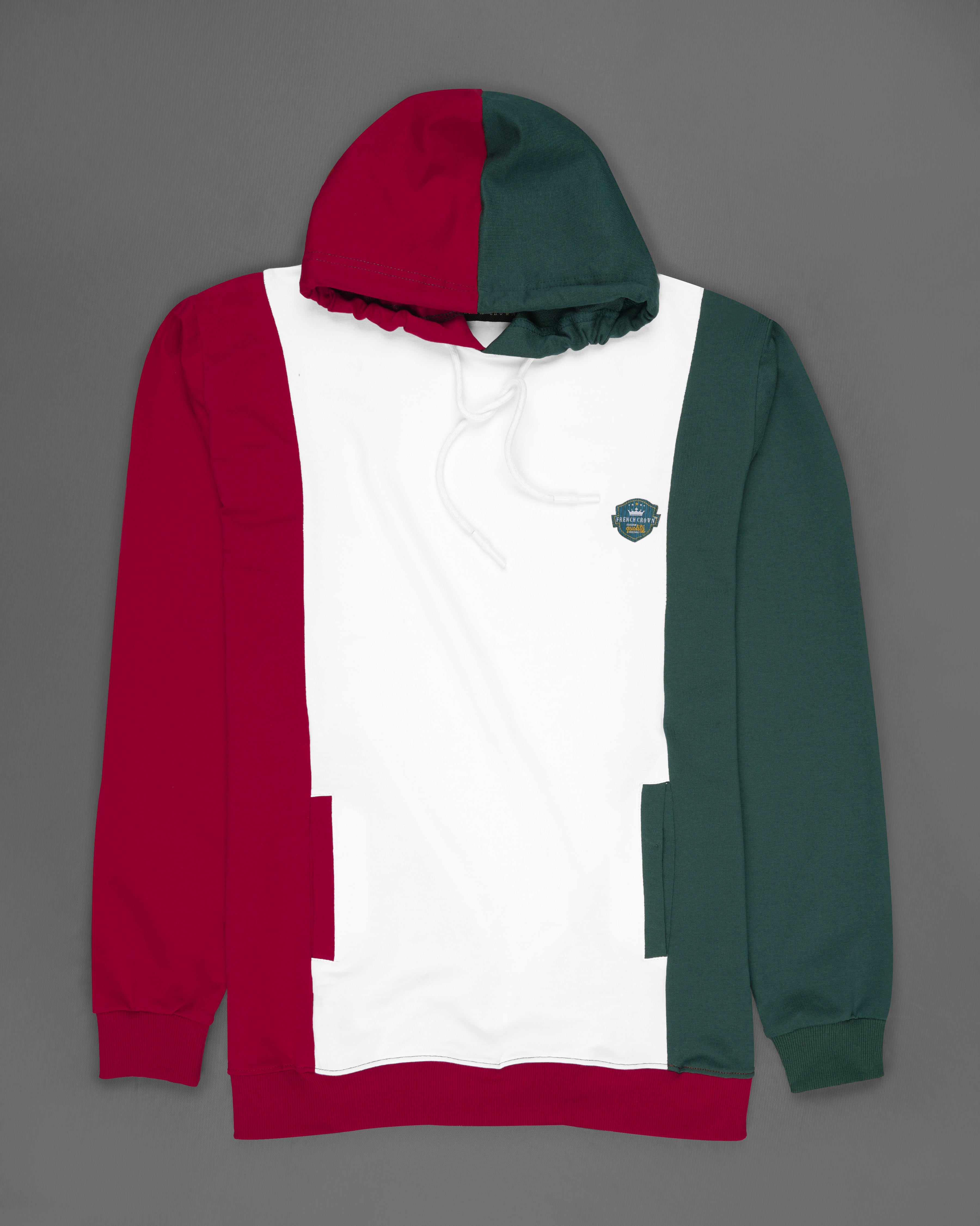 Bright White with Claret Red and Everglade Green Block Pattern Super Soft Premium Cotton Hoodie Sweatshirt TS609-S, TS609-M, TS609-L, TS609-XL, TS609-XXL