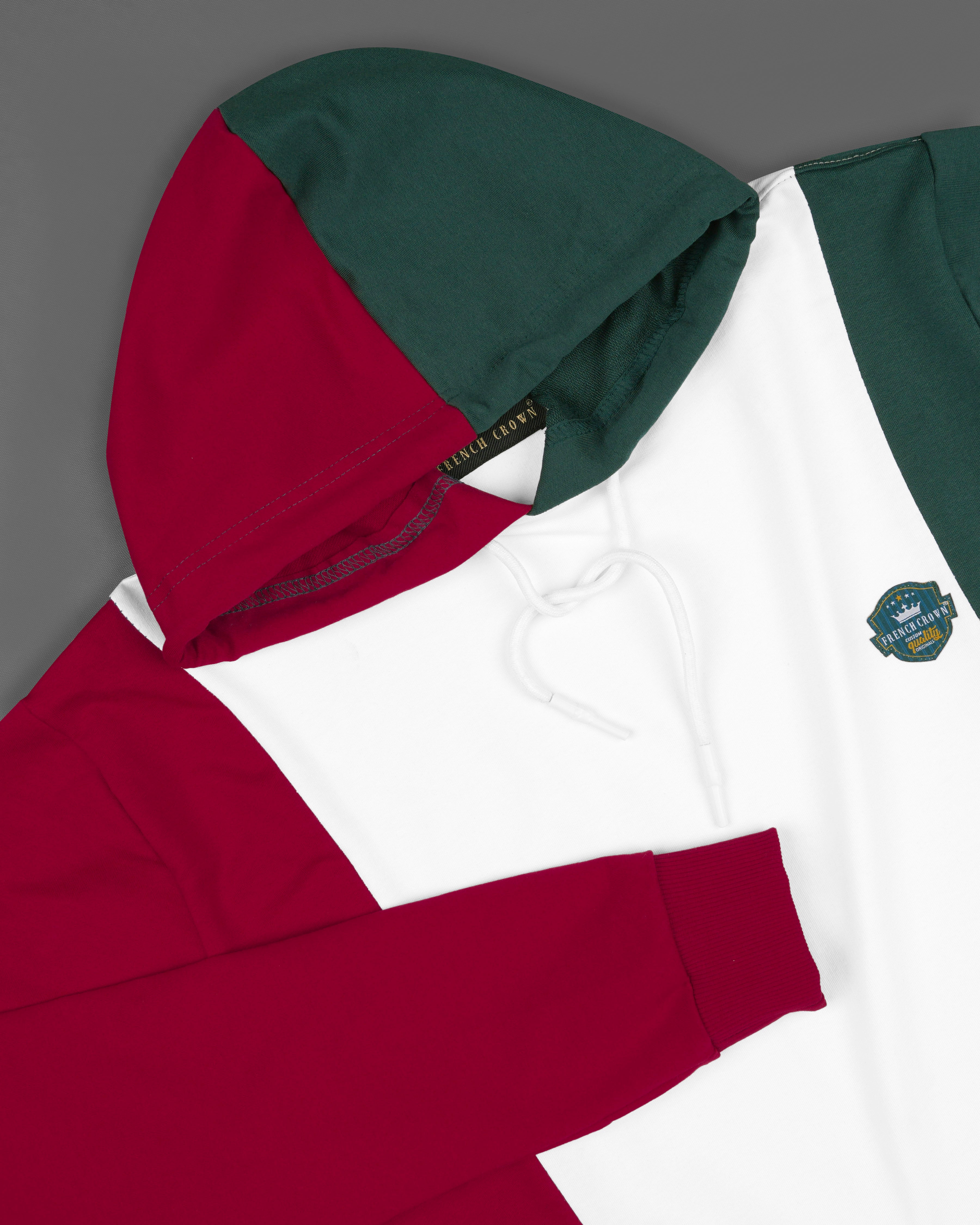Bright White with Claret Red and Everglade Green Block Pattern Super Soft Premium Cotton Hoodie Sweatshirt TS609-S, TS609-M, TS609-L, TS609-XL, TS609-XXL