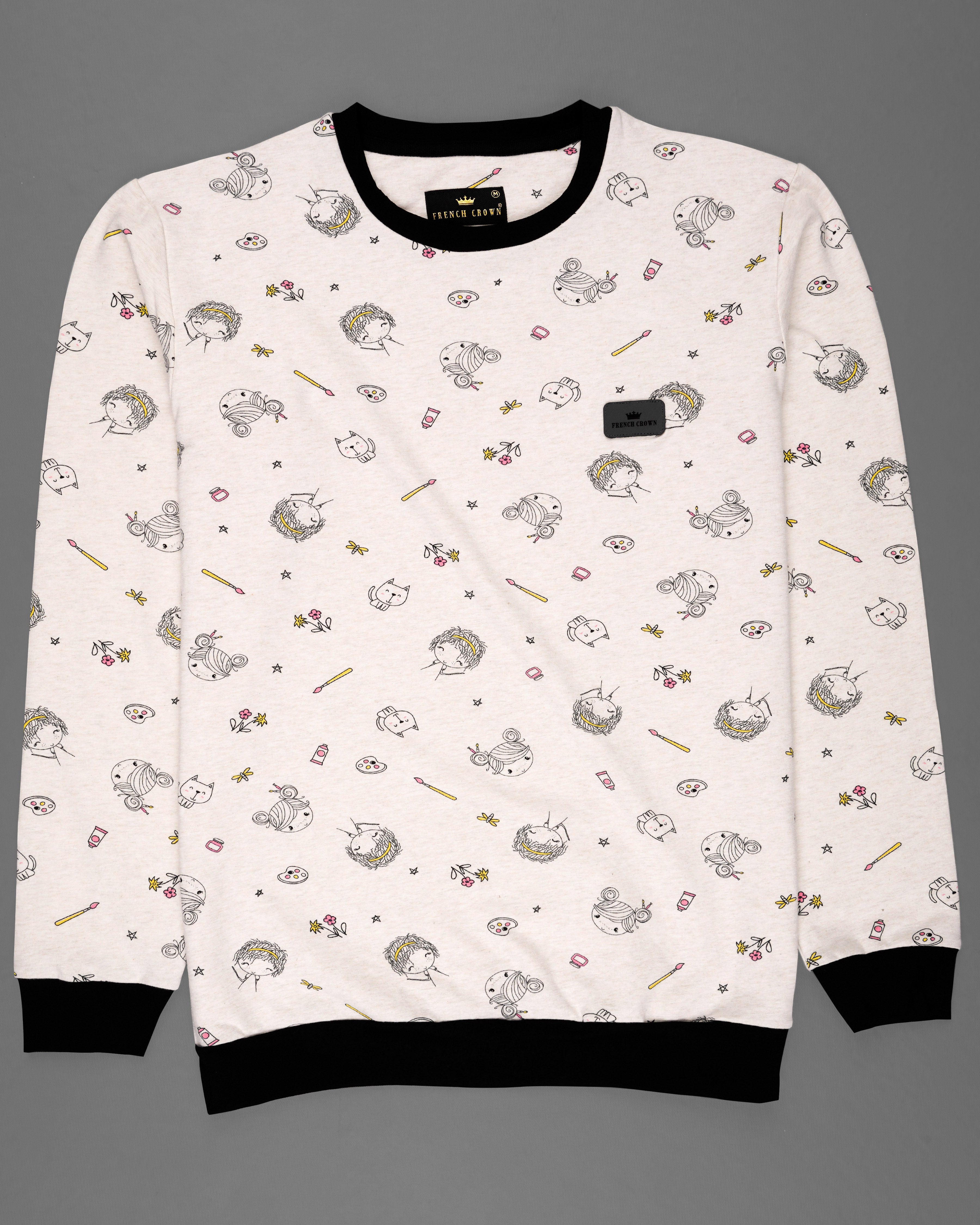 Merino Cream with Jade Black Quirky Printed Full Sleeve Premium Cotton Jersey Sweatshirt TS634-S, TS634-M, TS634-L, TS634-XL, TS634-XXL
