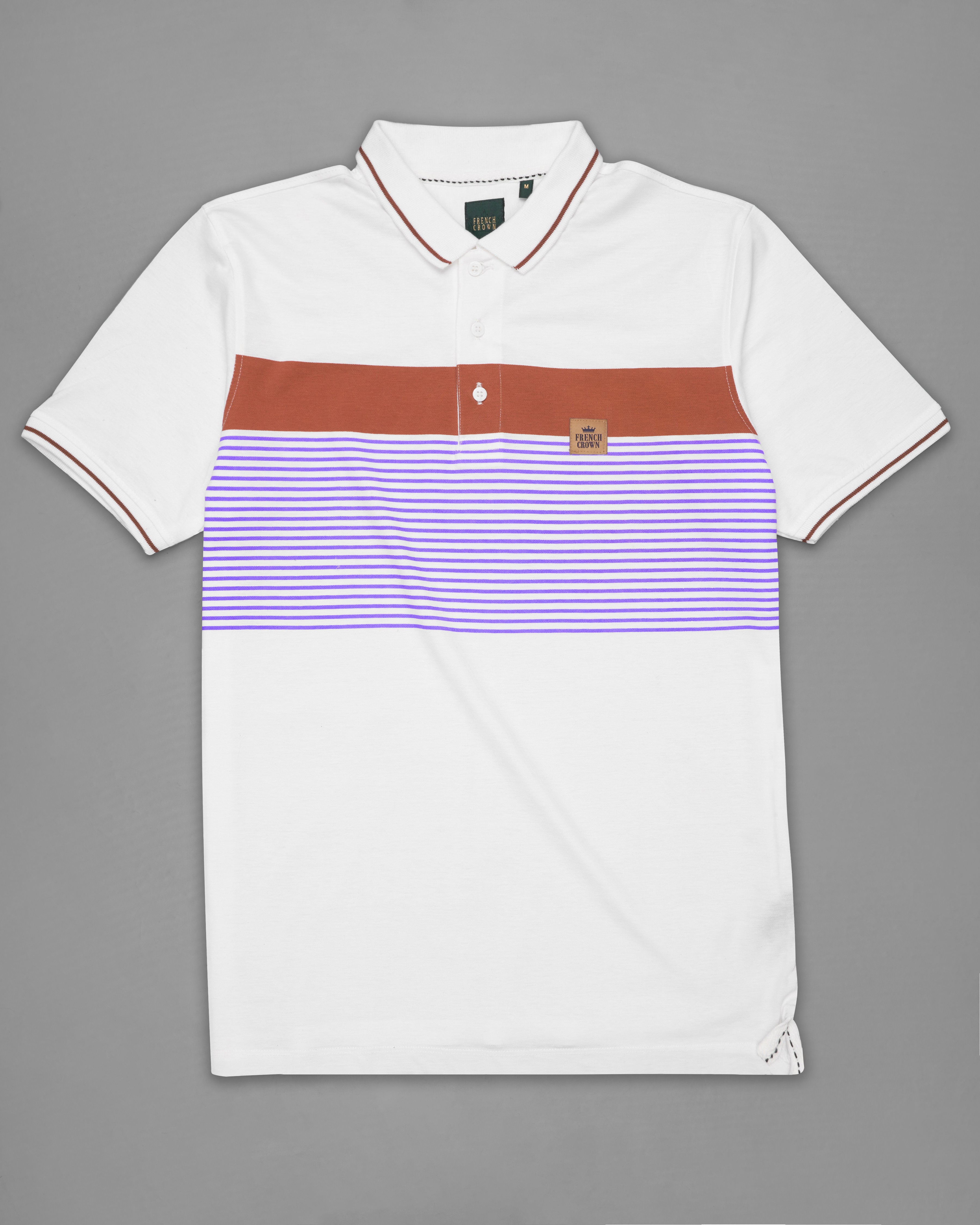 Bright White with Dull Lavender Striped Organic Cotton Mercerised Pique Polo TS822-S, TS822-M, TS822-L, TS822-XL, TS822-XXL