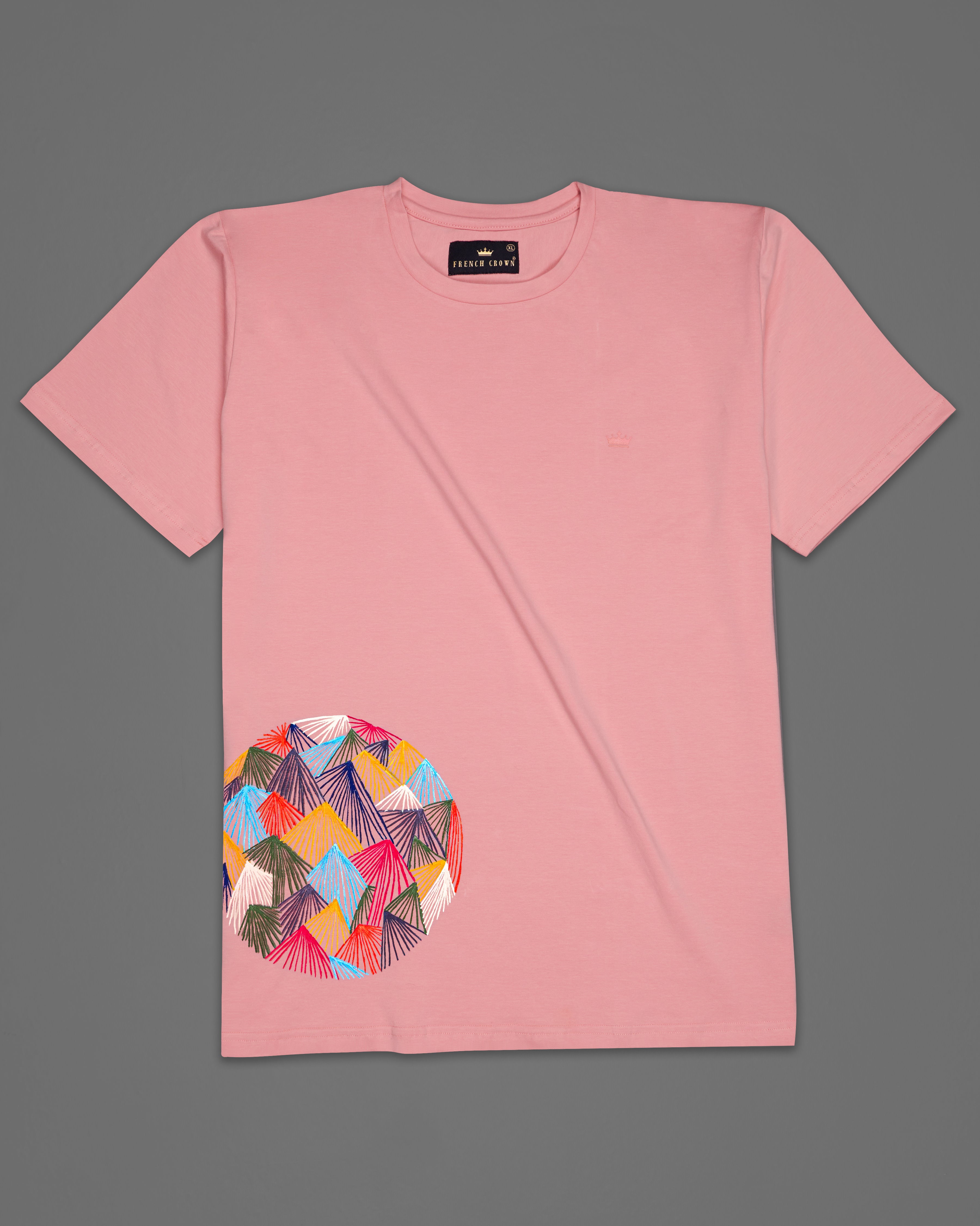 Light Thulian Pink with Multicolour Mountain Like Hand Painted Organic Cotton T-shirt TS007-W03-S, TS007-W03-M, TS007-W03-L, TS007-W03-XL, TS007-W03-XXL