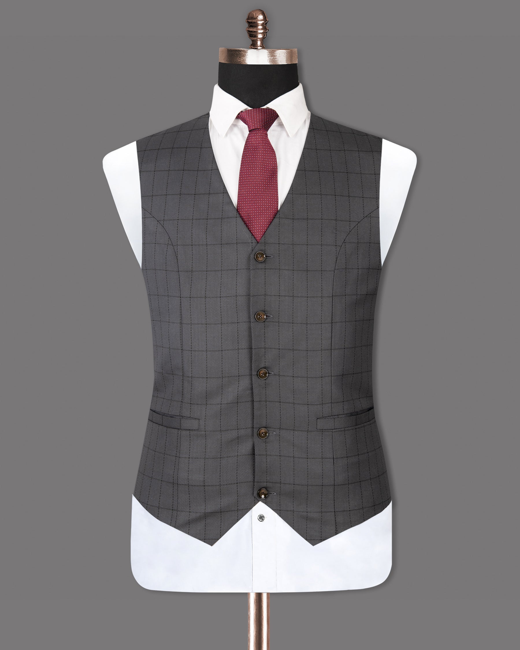 Fuscous Gray Windowpane Wool Rich Waistcoat V1282-36, V1282-38, V1282-40, V1282-42, V1282-44, V1282-46, V1282-48, V1282-50, V1282-52, V1282-54, V1282-56, V1282-58, V1282-60
