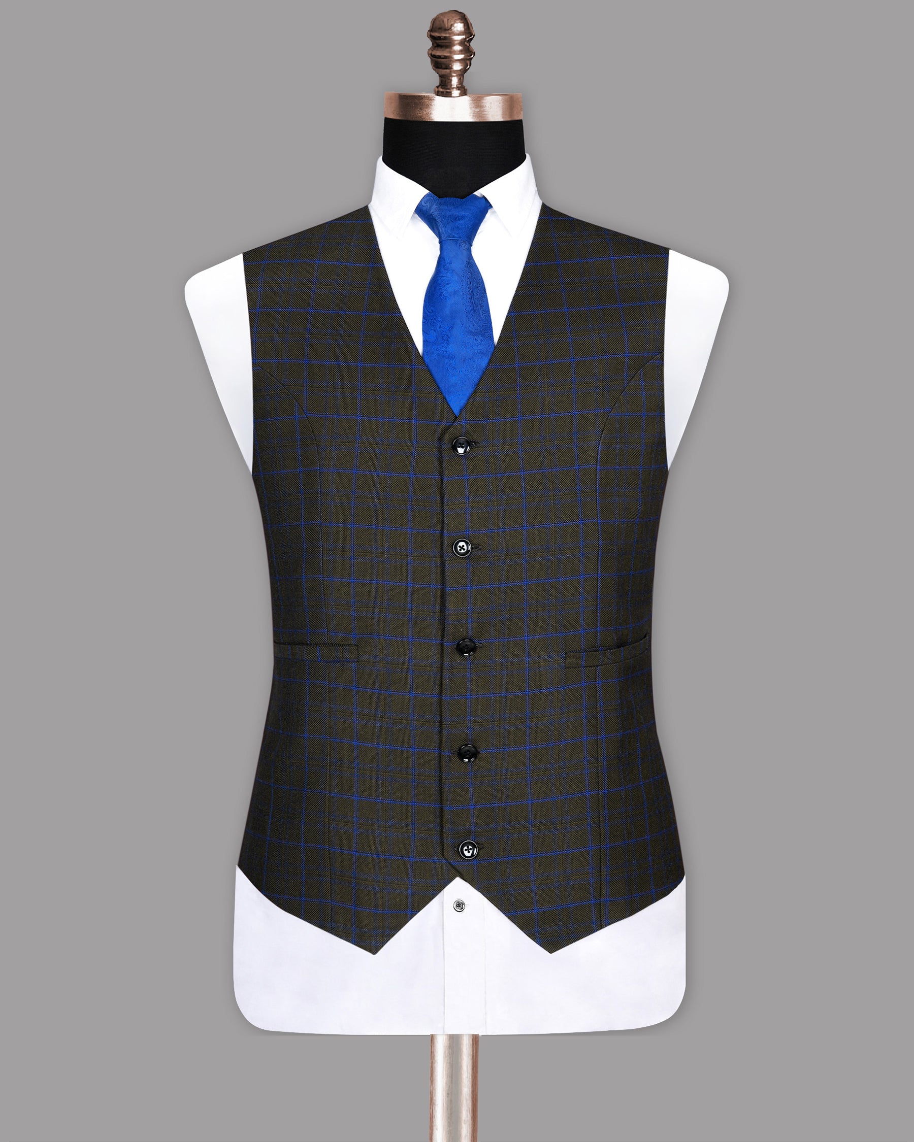 Wood Brown with Royal Blue windowpane Wool  Waistcoat V179-36, V179-38, V179-40, V179-42, V179-44, V179-46, V179-48, V179-50, V179-52, V179-54, V179-56, V179-58, V179-60