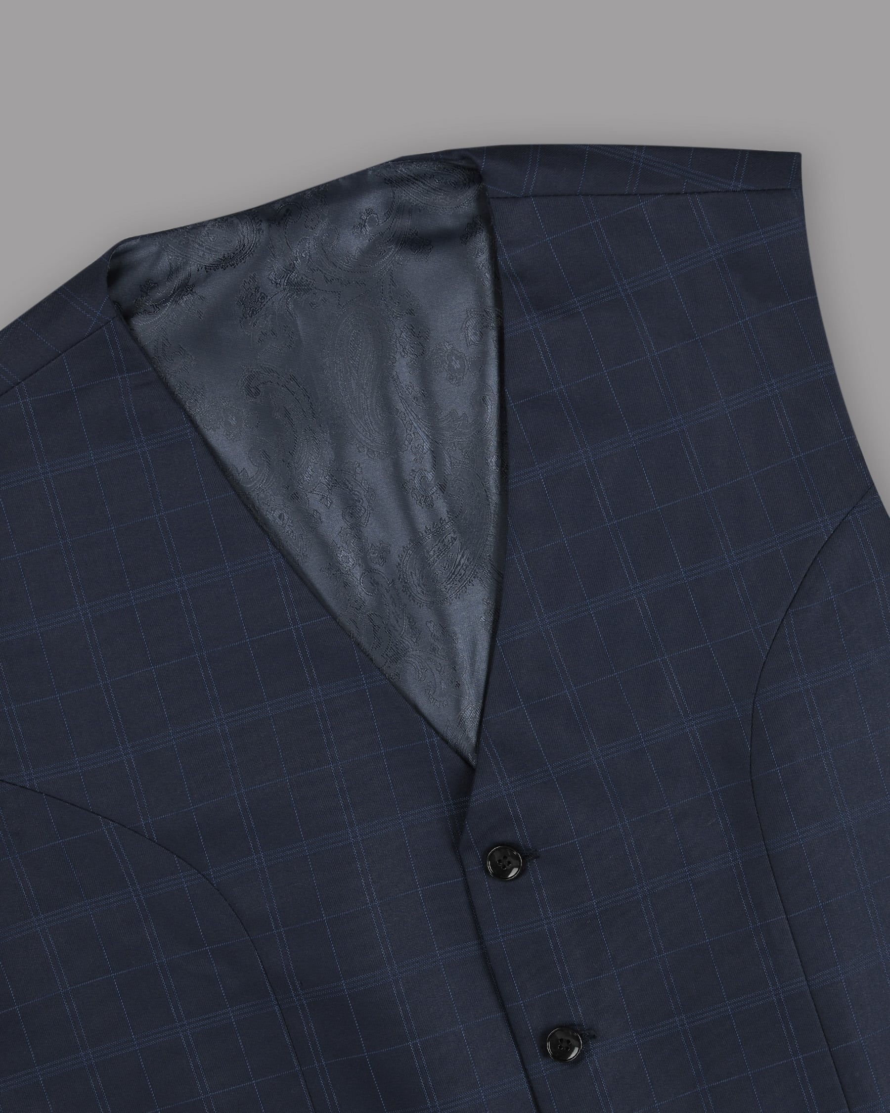 Navy Windowpane Wool Blend Waistcoat