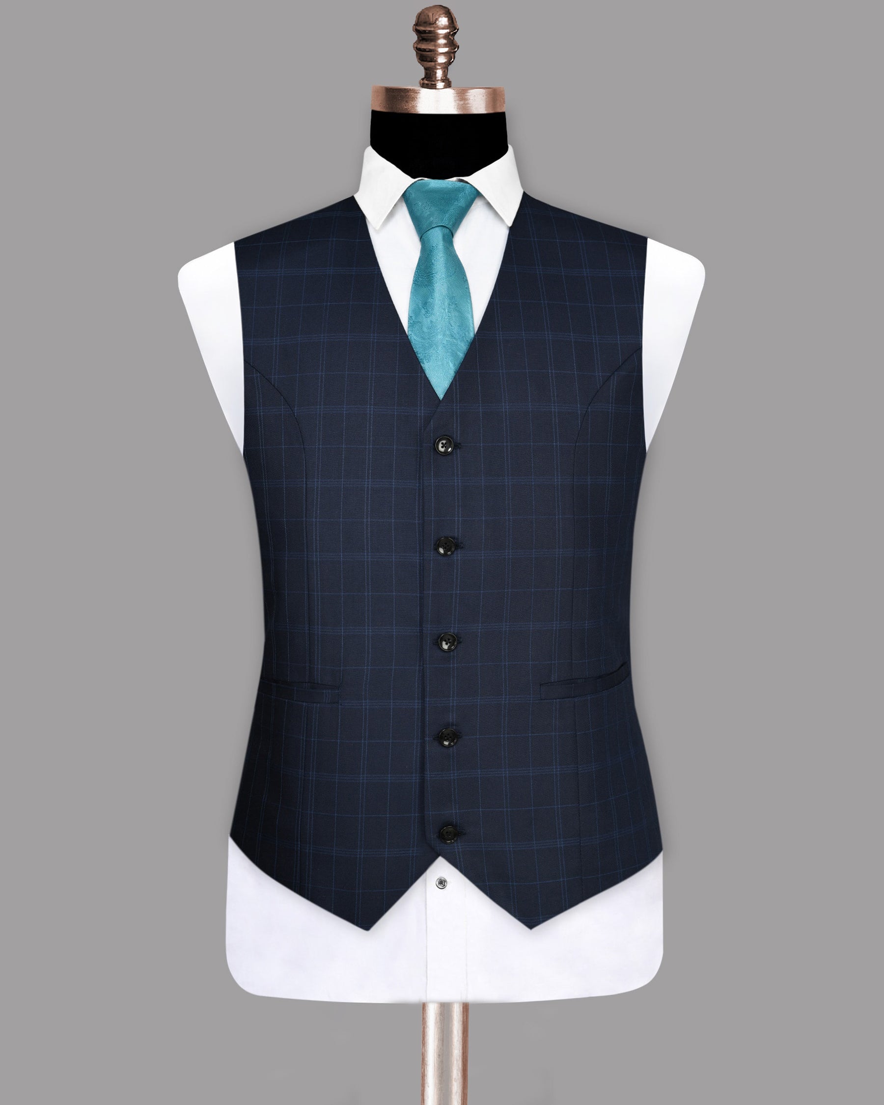 Navy Windowpane Wool Blend Waistcoat
