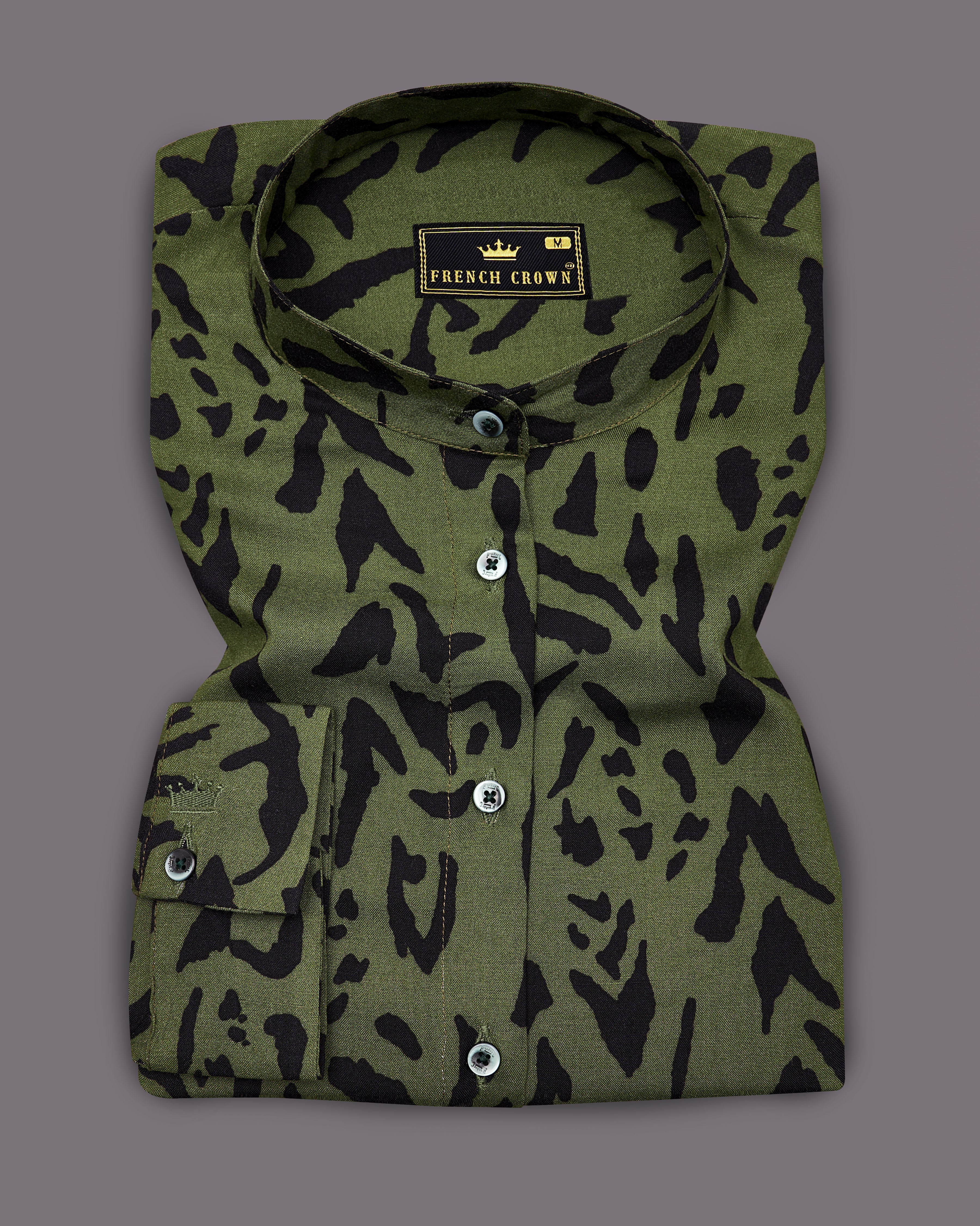 Asparagus Green Tiger Printed Premium Tencel Shirt WS047-M-32, WS047-M-34, WS047-M-36, WS047-M-38, WS047-M-40, WS047-M-42