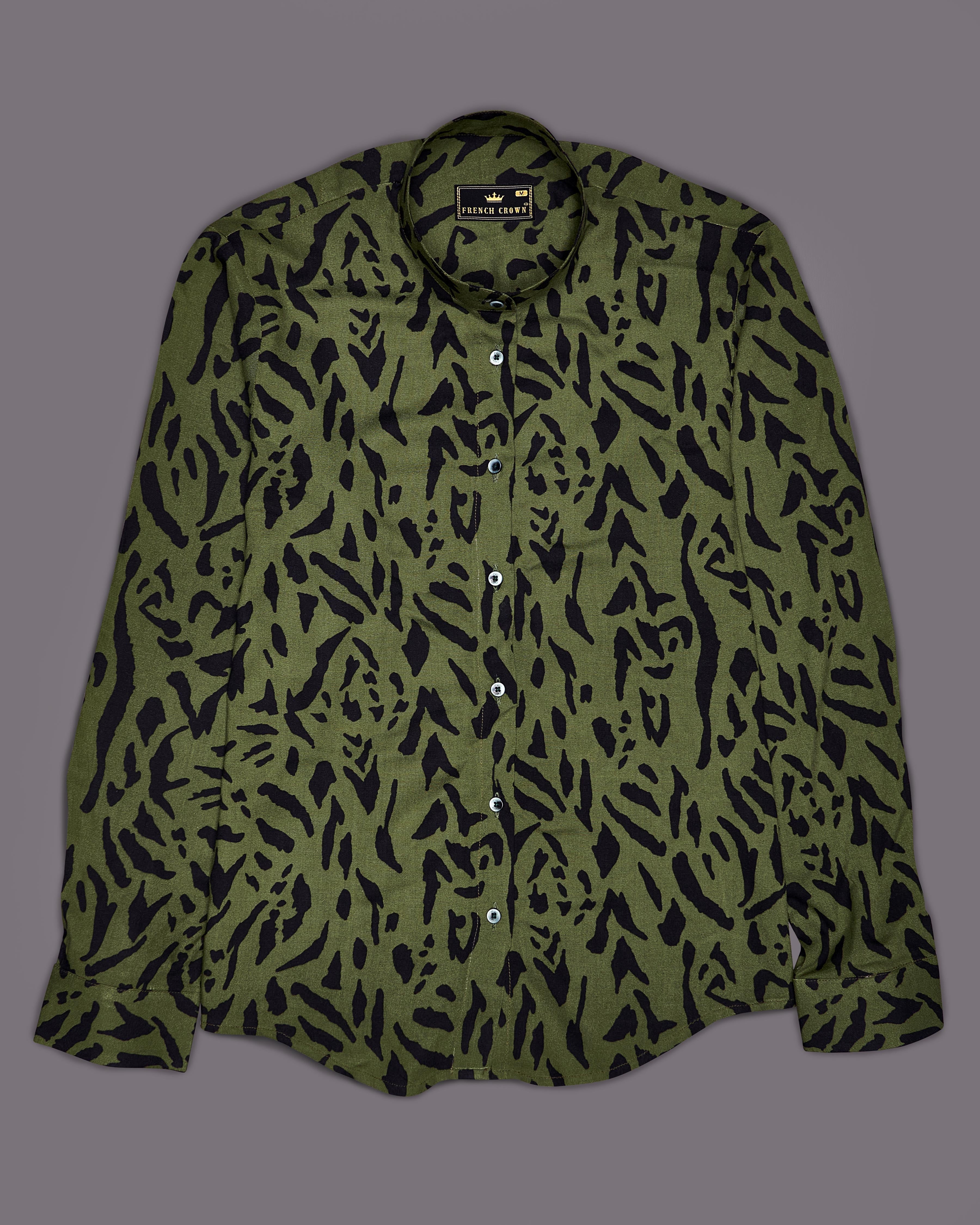 Asparagus Green Tiger Printed Premium Tencel Shirt WS047-M-32, WS047-M-34, WS047-M-36, WS047-M-38, WS047-M-40, WS047-M-42