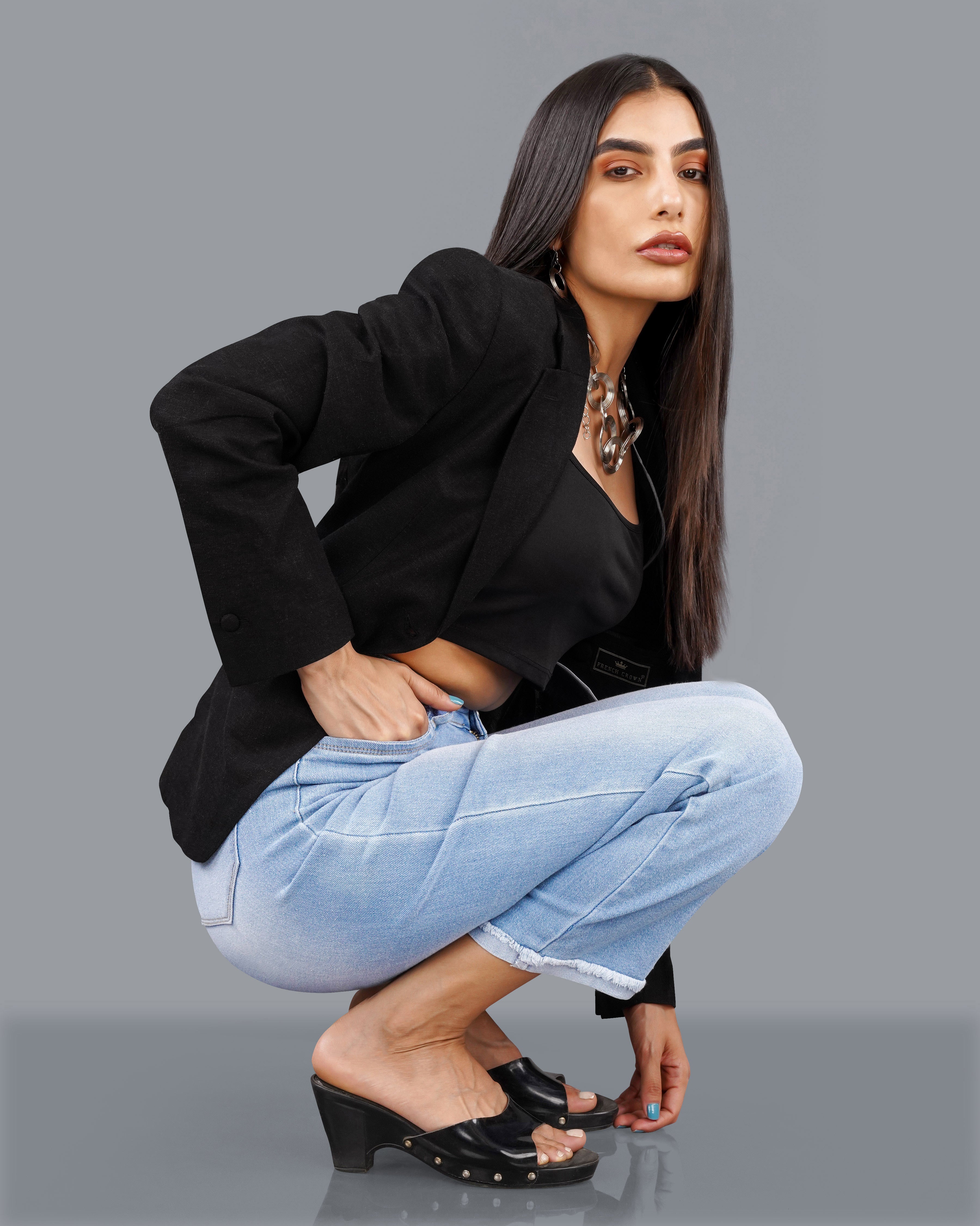 Jade Black Premium Linen Women's Blazer WBL002-SB-FB-32, WBL002-SB-FB-34, WBL002-SB-FB-36, WBL002-SB-FB-38, WBL002-SB-FB-40, WBL002-SB-FB-42