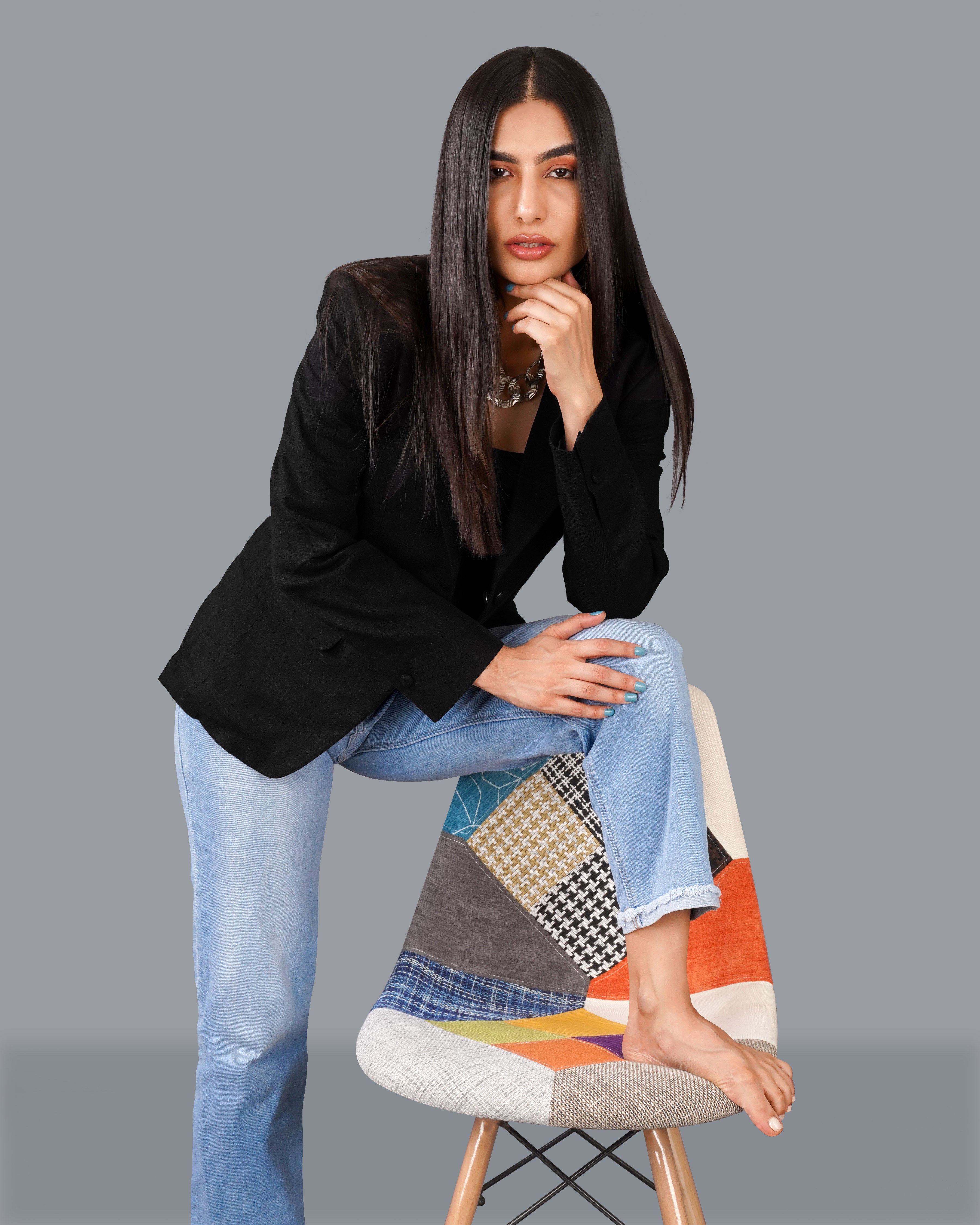 Jade Black Premium Linen Women's Blazer WBL002-SB-FB-32, WBL002-SB-FB-34, WBL002-SB-FB-36, WBL002-SB-FB-38, WBL002-SB-FB-40, WBL002-SB-FB-42