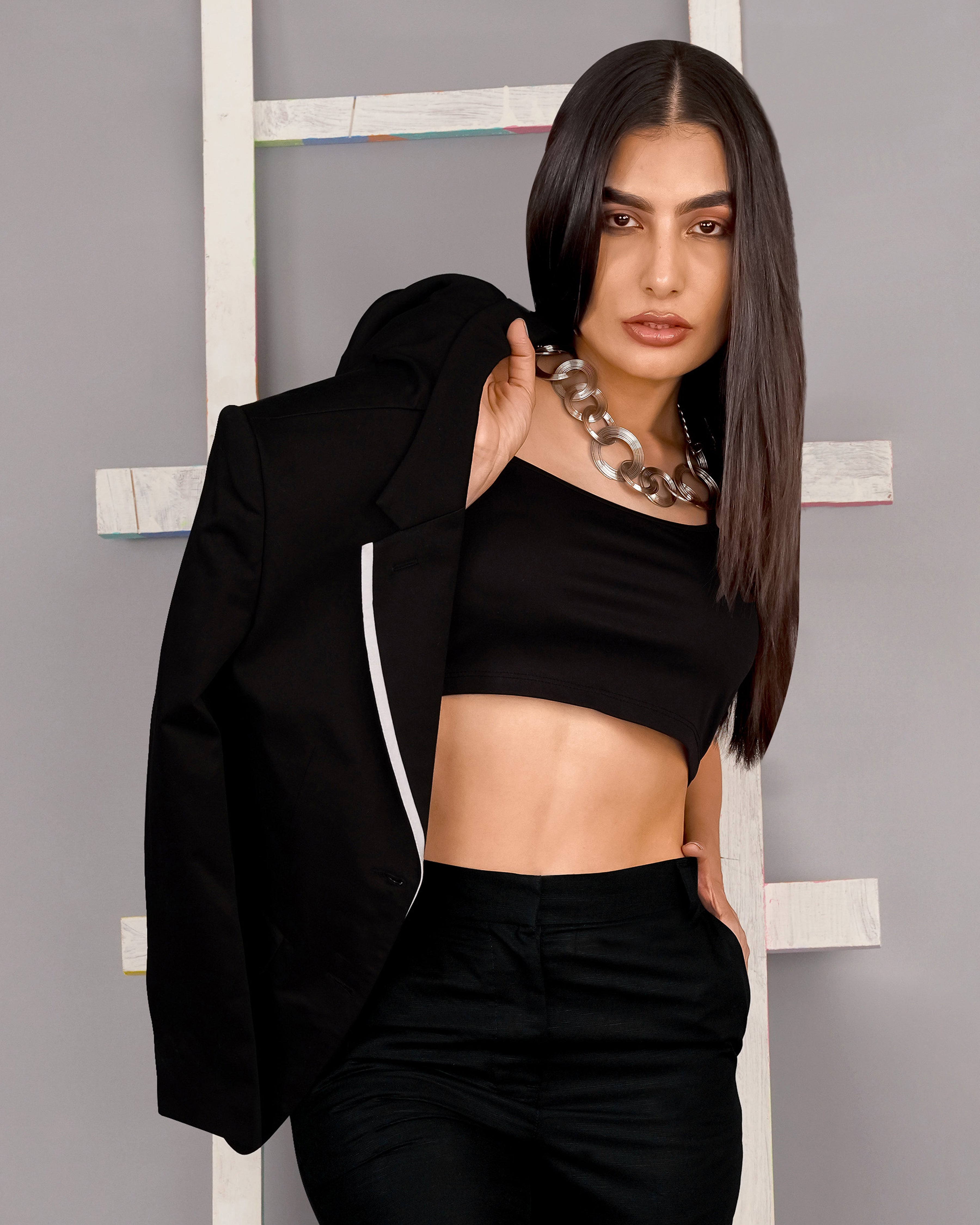 Jade Black with White Borders Premium Cotton Women's Blazer WBL003-SB-1B-FB-32, WBL003-SB-1B-FB-34, WBL003-SB-1B-FB-36, WBL003-SB-1B-FB-38, WBL003-SB-1B-FB-40, WBL003-SB-1B-FB-42