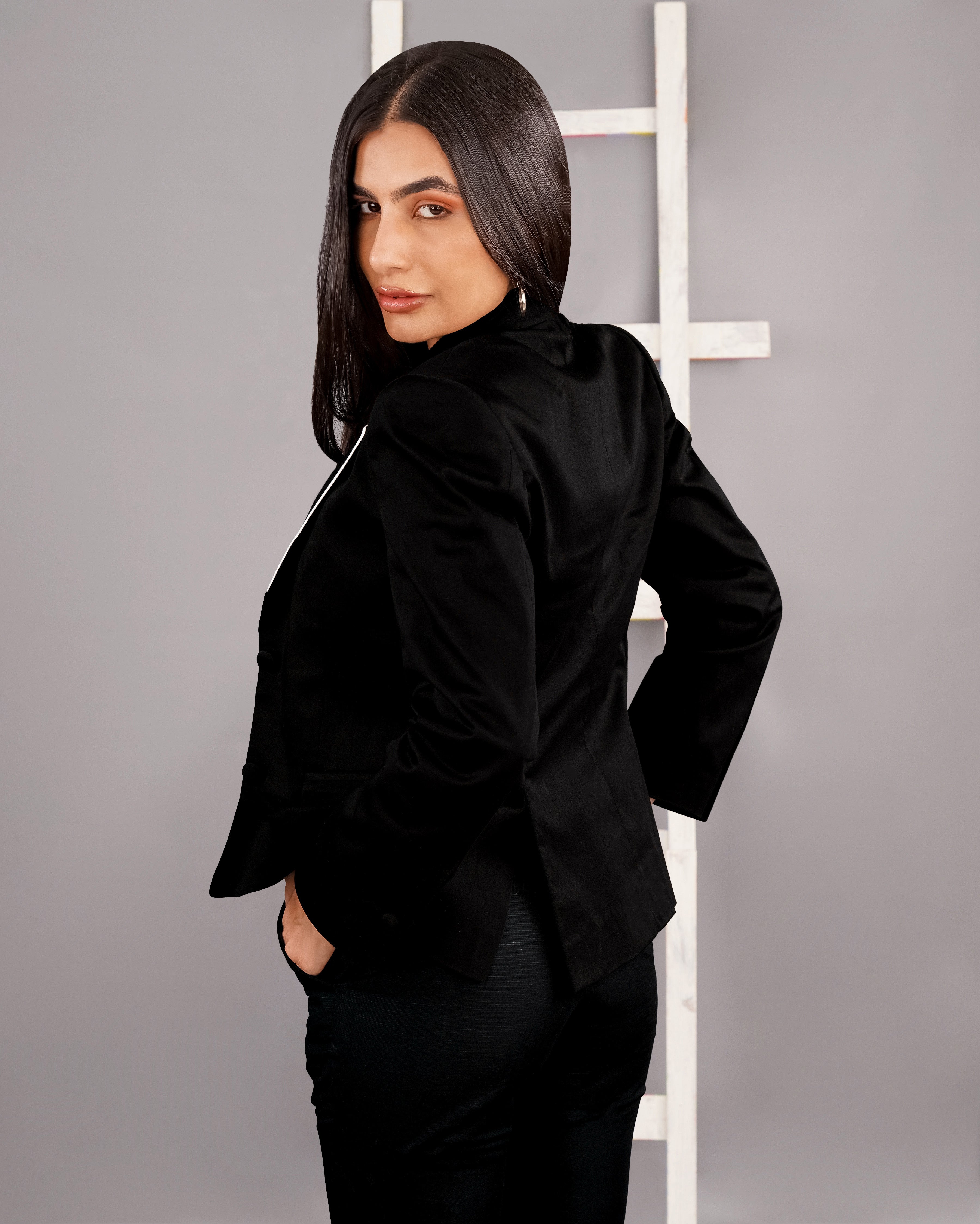 Jade Black with White Borders Premium Cotton Women's Blazer WBL003-SB-1B-FB-32, WBL003-SB-1B-FB-34, WBL003-SB-1B-FB-36, WBL003-SB-1B-FB-38, WBL003-SB-1B-FB-40, WBL003-SB-1B-FB-42