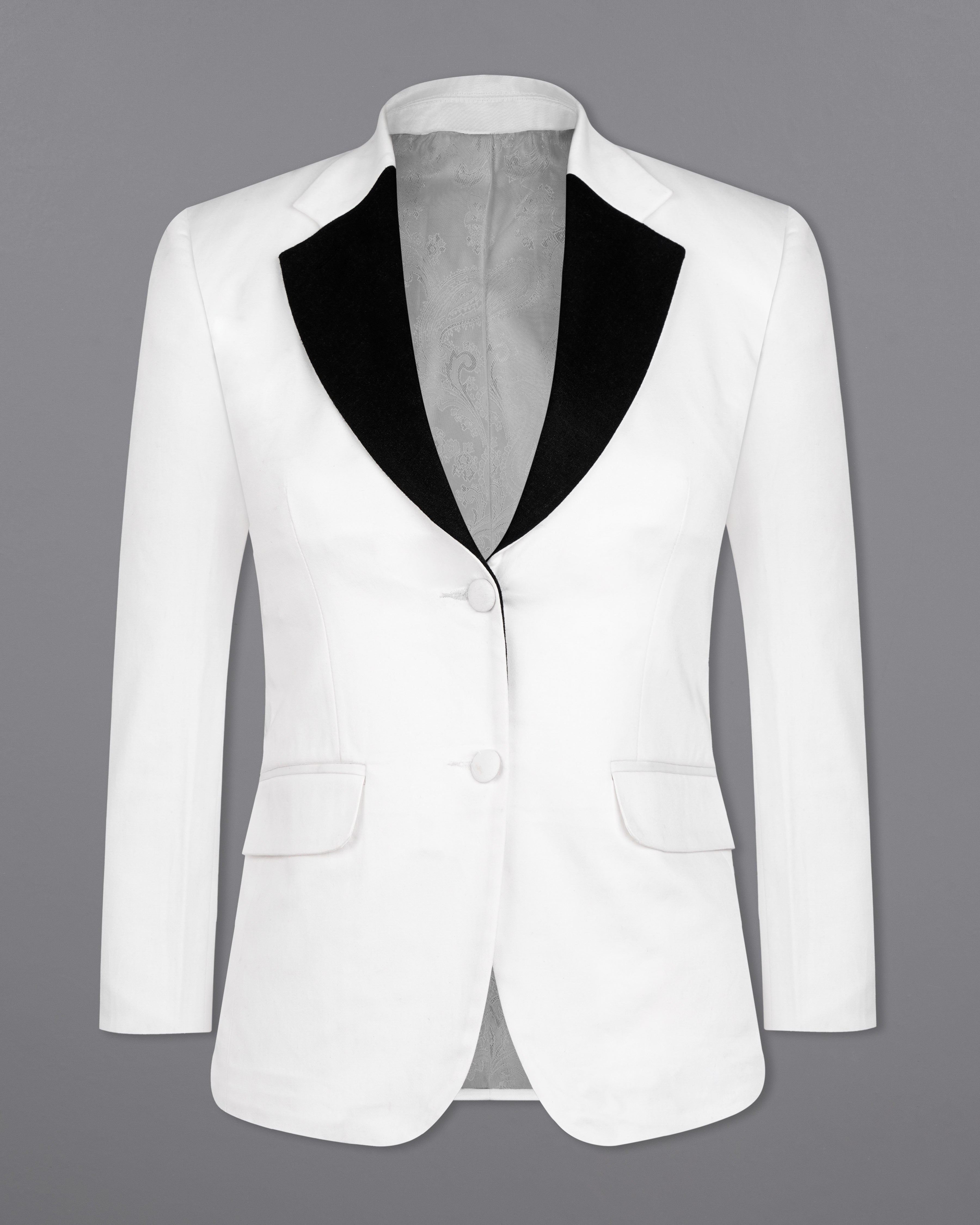 Bright White with Black Patch Collar Premium Cotton Women's Blazer WBL005-SB-BKPL-FB-32, WBL005-SB-BKPL-FB-34, WBL005-SB-BKPL-FB-36, WBL005-SB-BKPL-FB-38, WBL005-SB-BKPL-FB-40, WBL005-SB-BKPL-FB-42