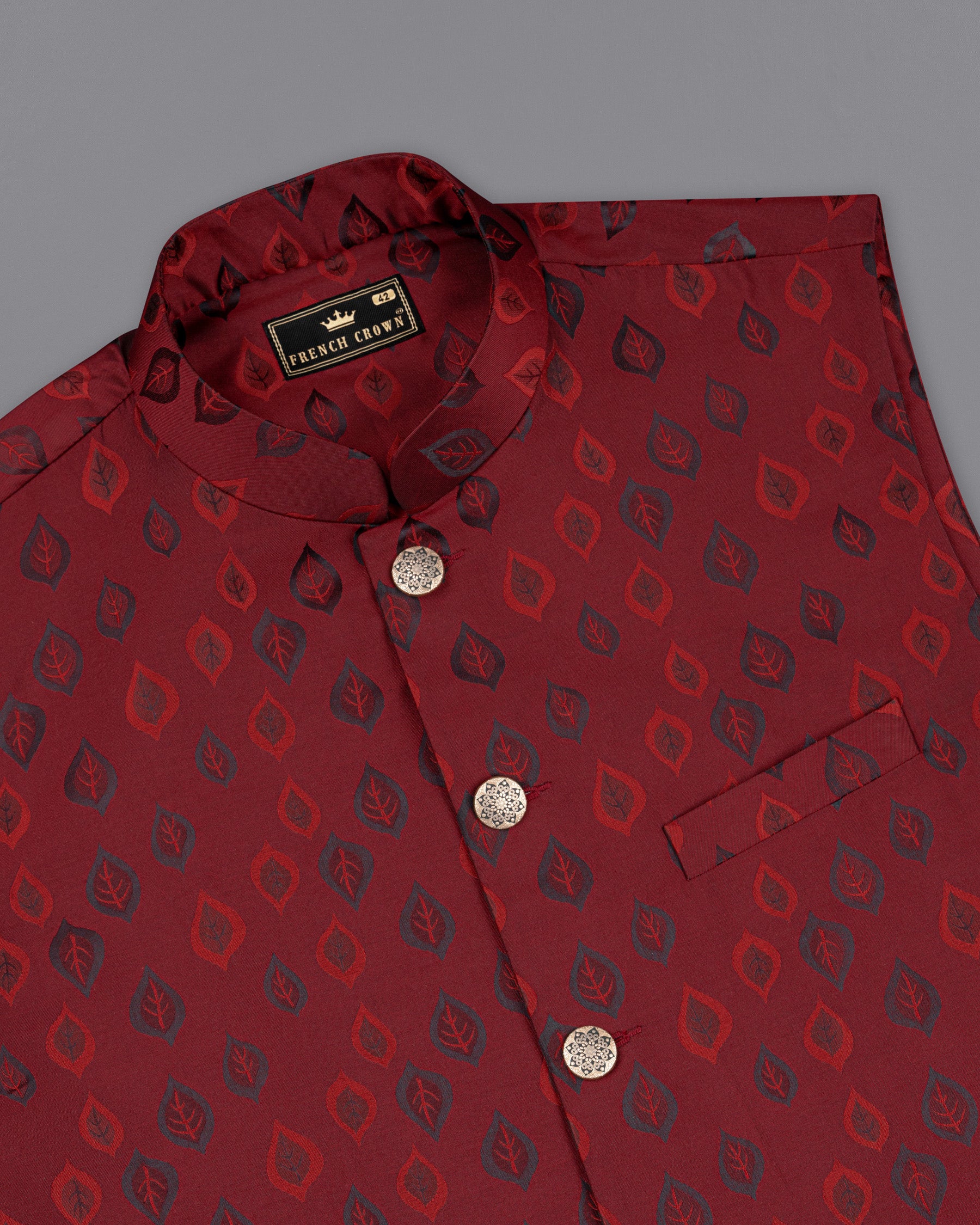 Stilleto Red Leaves Jacquard Textured Nehru Jacket WC1665-36, WC1665-38, WC1665-40, WC1665-42, WC1665-44, WC1665-46, WC1665-48, WC1665-50, WC1665-52, WC1665-54, WC1665-56, WC1665-58, WC1665-60