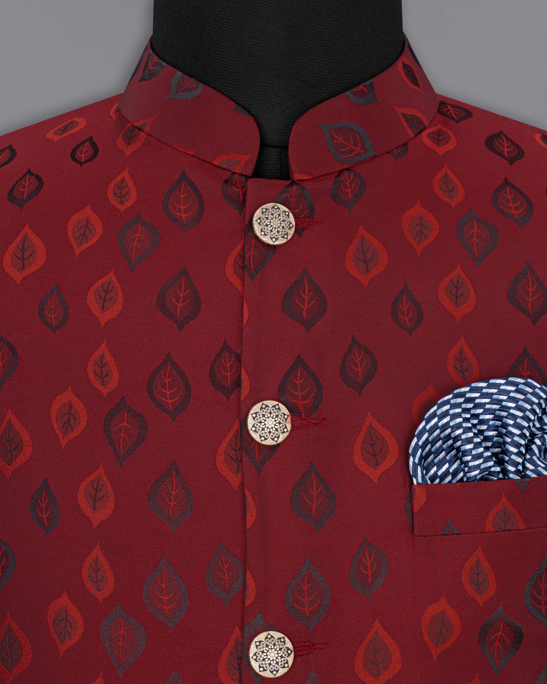 Stilleto Red Leaves Jacquard Textured Nehru Jacket WC1665-36, WC1665-38, WC1665-40, WC1665-42, WC1665-44, WC1665-46, WC1665-48, WC1665-50, WC1665-52, WC1665-54, WC1665-56, WC1665-58, WC1665-60