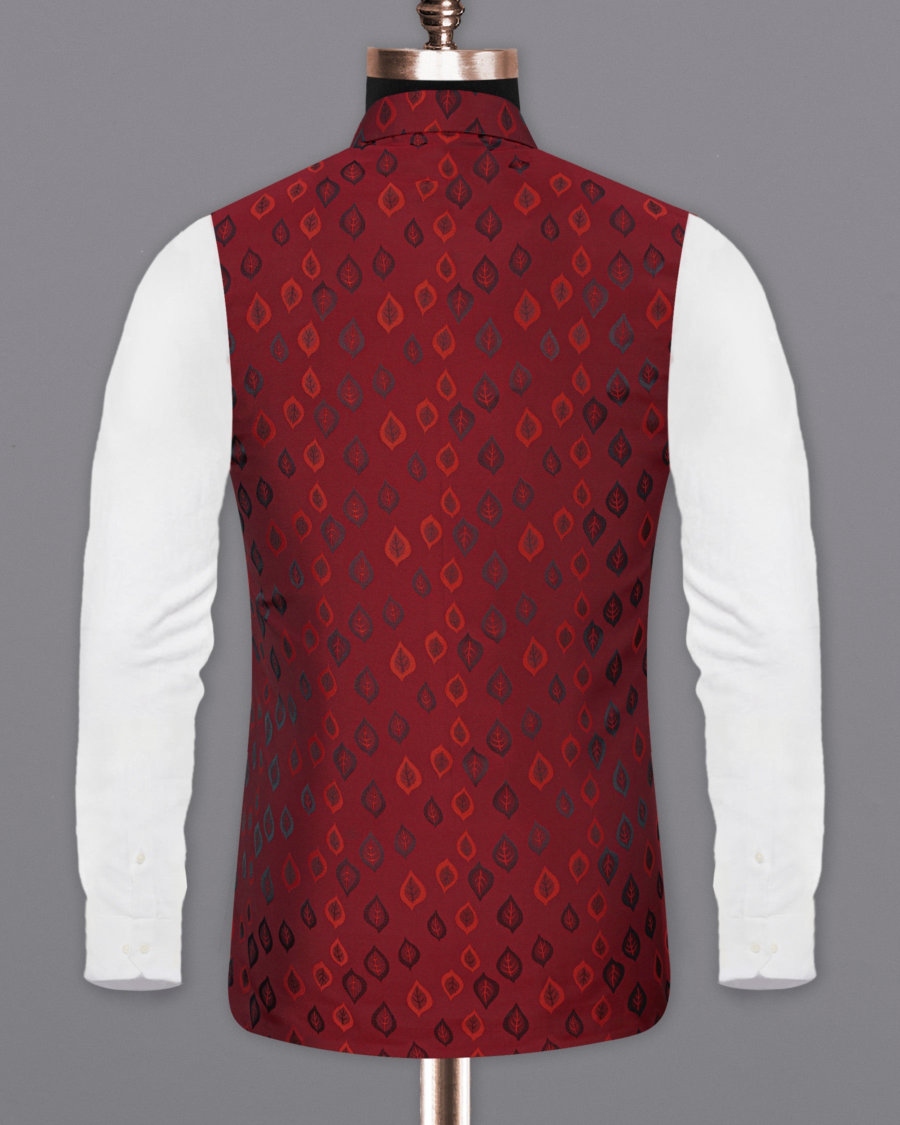 Stilleto Red Leaves Jacquard Textured Nehru Jacket WC1665-36, WC1665-38, WC1665-40, WC1665-42, WC1665-44, WC1665-46, WC1665-48, WC1665-50, WC1665-52, WC1665-54, WC1665-56, WC1665-58, WC1665-60