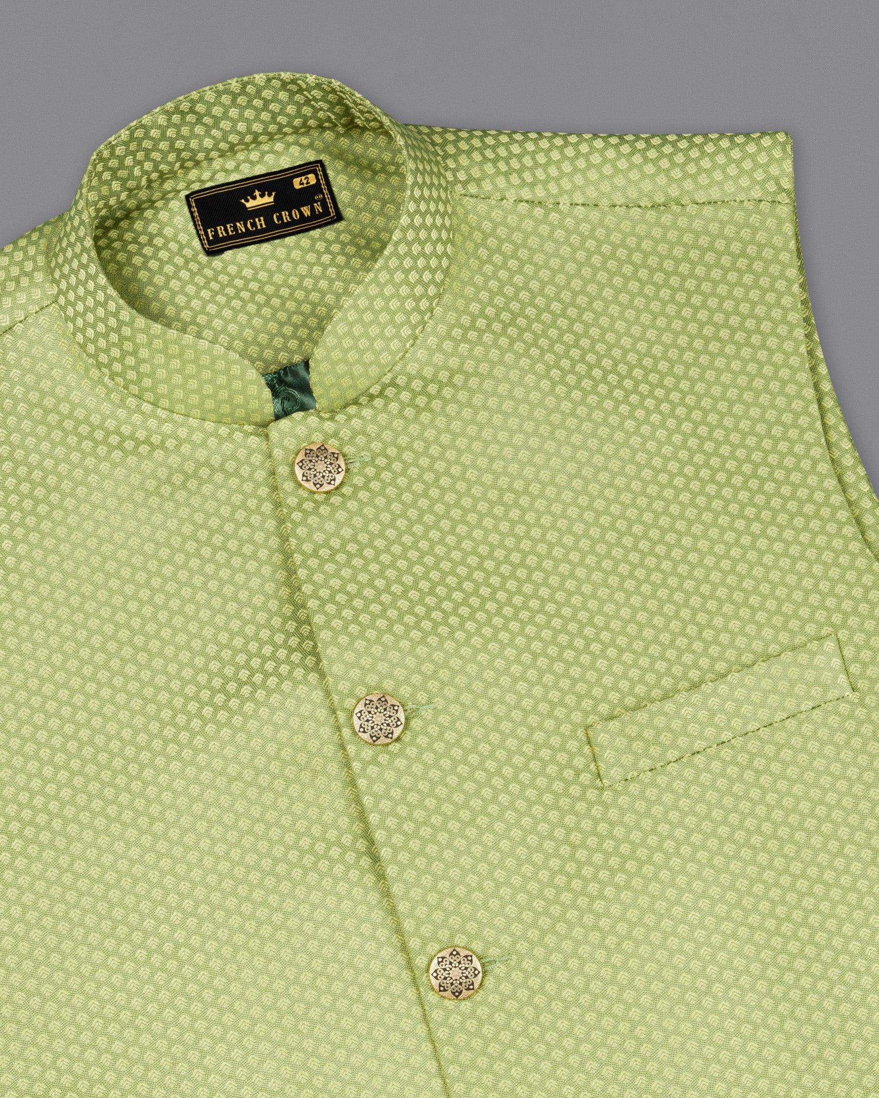 Olivine Green Textured Nehru Jacket WC1674-36, WC1674-38, WC1674-40, WC1674-42, WC1674-44, WC1674-46, WC1674-48, WC1674-50, WC1674-52, WC1674-54, WC1674-56, WC1674-58, WC1674-60