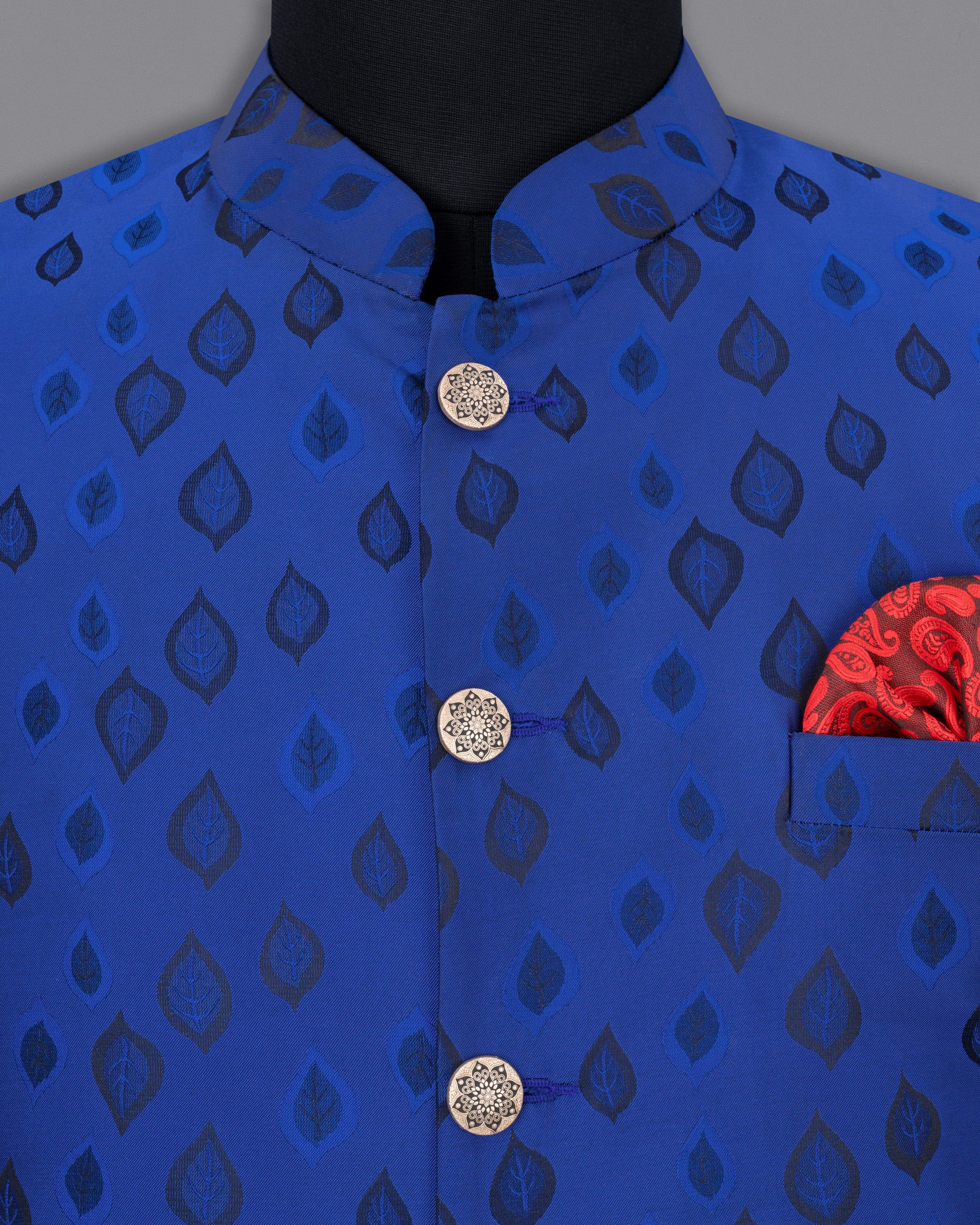 Royal Azure Blue Leaves Jacquard Textured Nehru Jacket