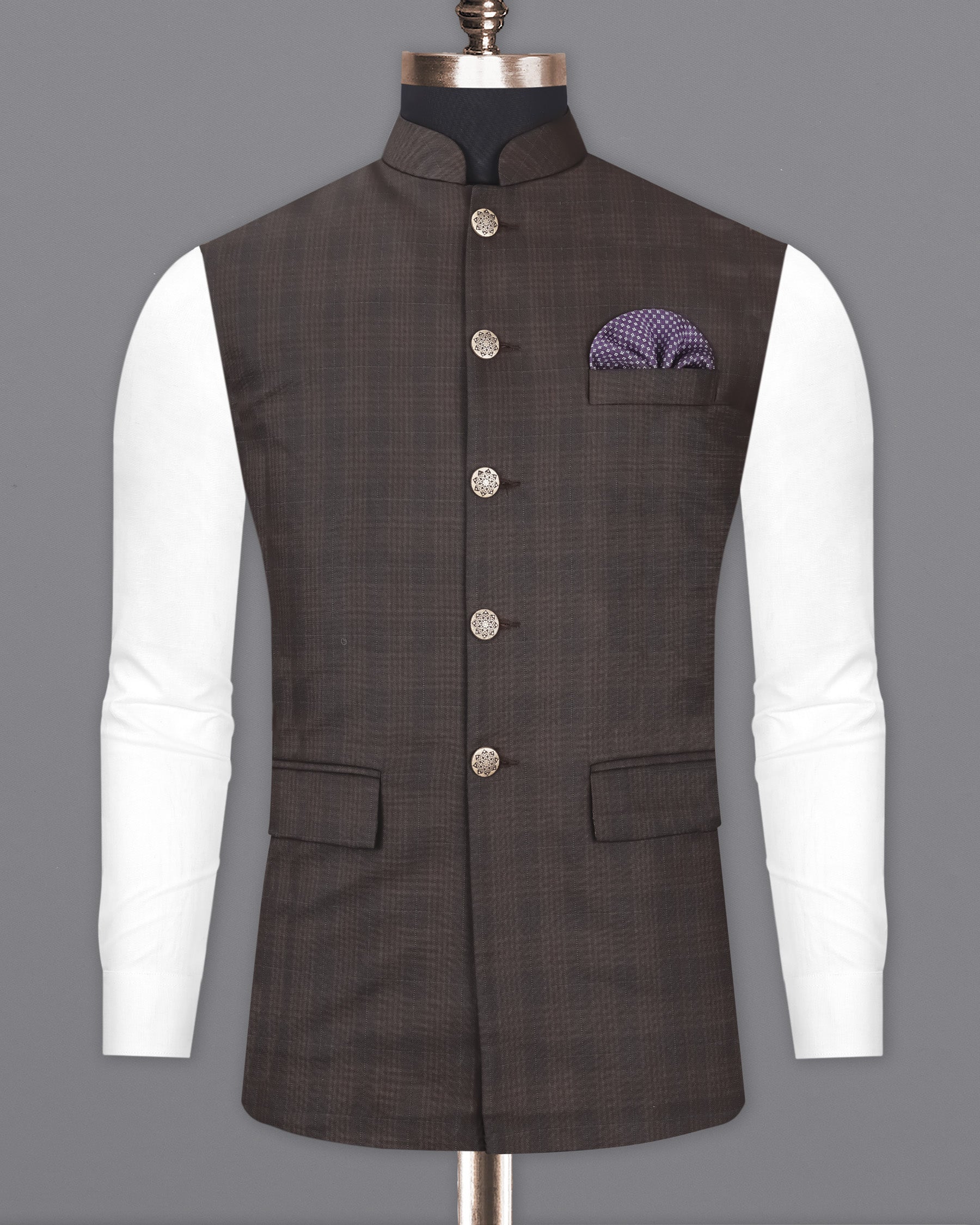 Birch Brown Plaid Nehru Jacket WC1955-36, WC1955-38, WC1955-40, WC1955-42, WC1955-44, WC1955-46, WC1955-48, WC1955-50, WC1955-52, WC1955-54, WC1955-56, WC1955-58, WC1955-60