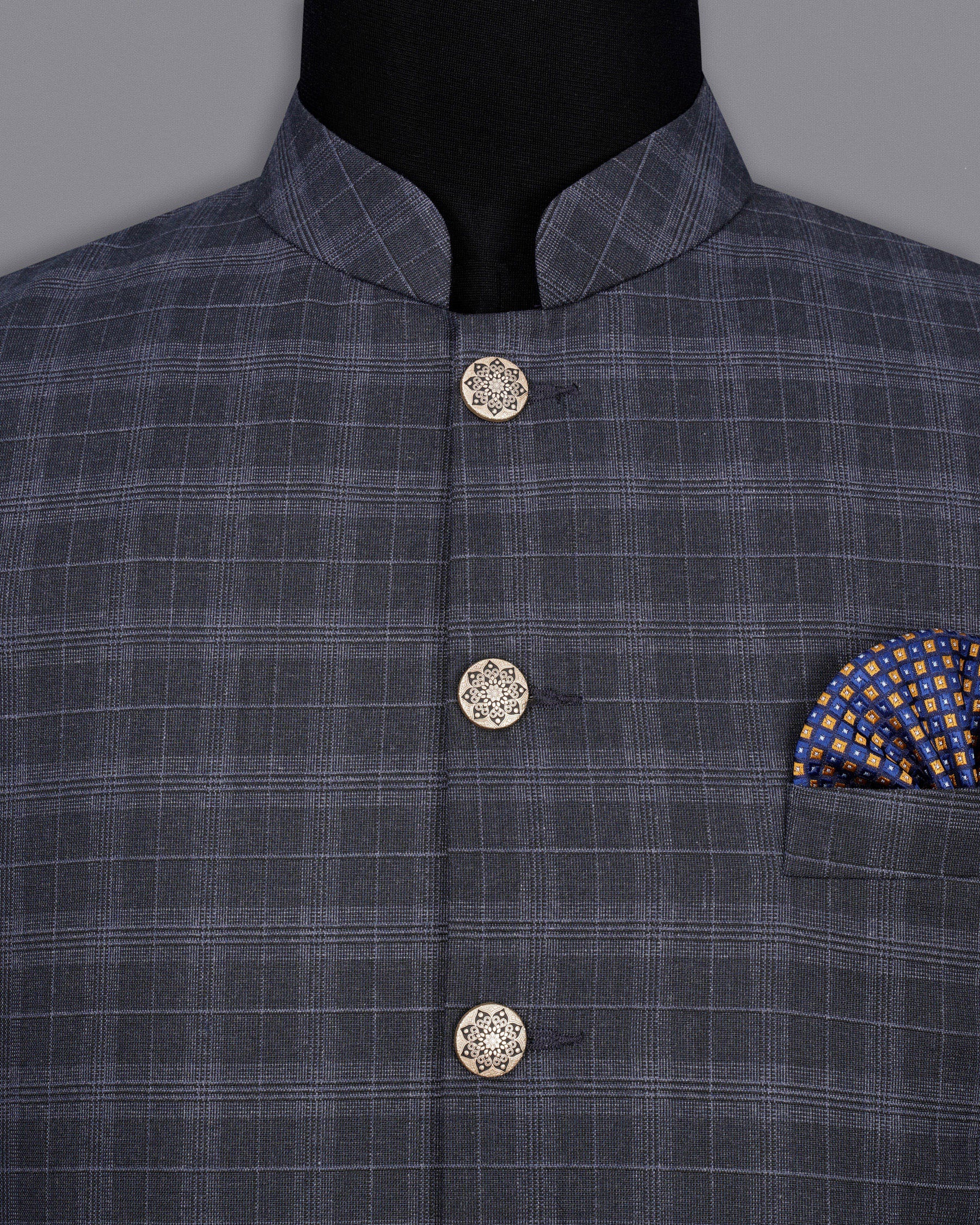 Iridium Dark Gray With Mobster Gray Plaid Nehru Jacket WC2004-36, WC2004-38, WC2004-40, WC2004-42, WC2004-44, WC2004-46, WC2004-48, WC2004-50, WC2004-52, WC2004-54, WC2004-56, WC2004-58, WC2004-60