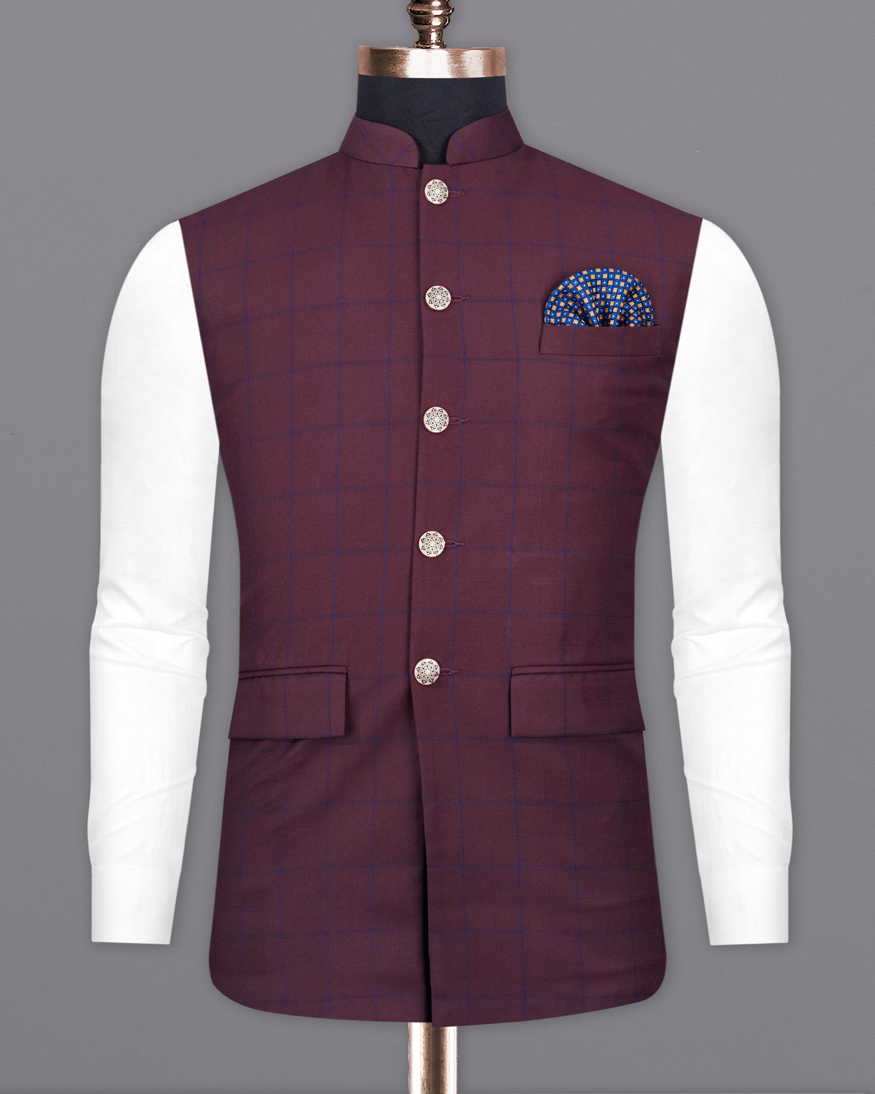 Wine Berry With Haiti Blue Nehru Jacket WC2030-36, WC2030-38, WC2030-40, WC2030-42, WC2030-44, WC2030-46, WC2030-48, WC2030-50, WC2030-52, WC2030-54, WC2030-56, WC2030-58, WC2030-60