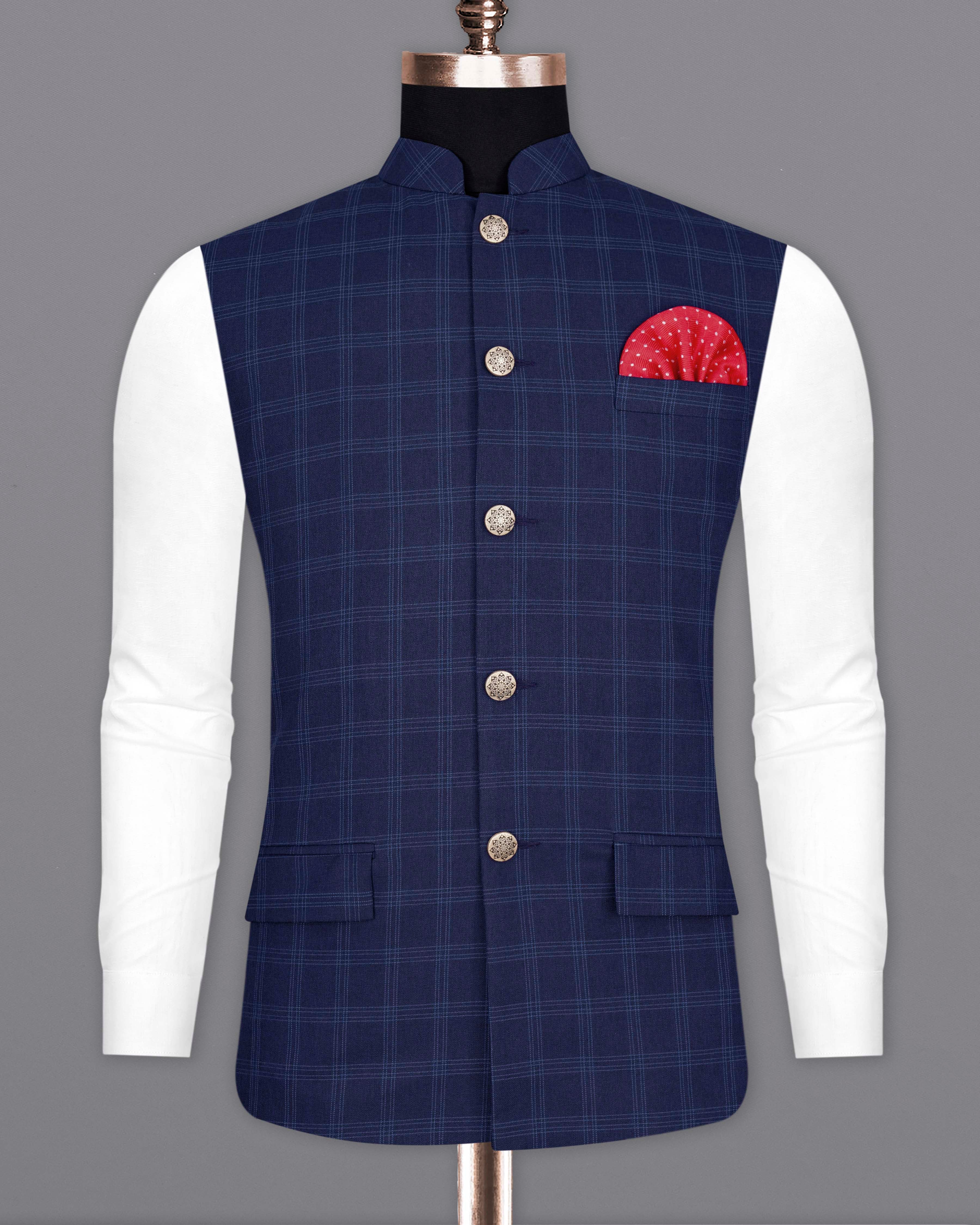 Baltic Sea Blue Windowpane Bandhgala Nehru Jacket WC2072-36, WC2072-38, WC2072-40, WC2072-42, WC2072-44, WC2072-46, WC2072-48, WC2072-50, WC2072-52, WC2072-54, WC2072-56, WC2072-58, WC2072-60