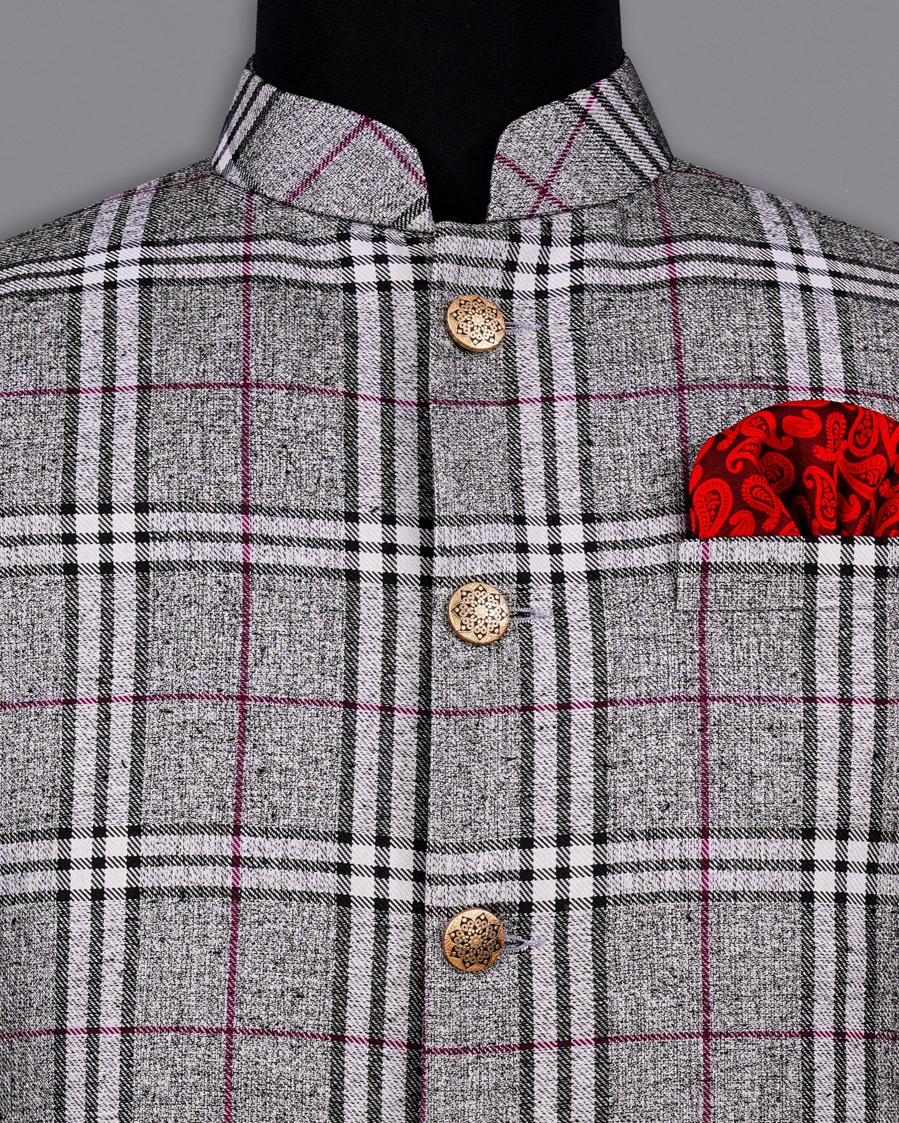 Amethyst Gray with Black Plaid Bandhgala Nehru Jacket WC2141-38, WC2141-39, WC2141-40, WC2141-42, WC2141-44, WC2141-46, WC2141-48, WC2141-50, WC2141-52