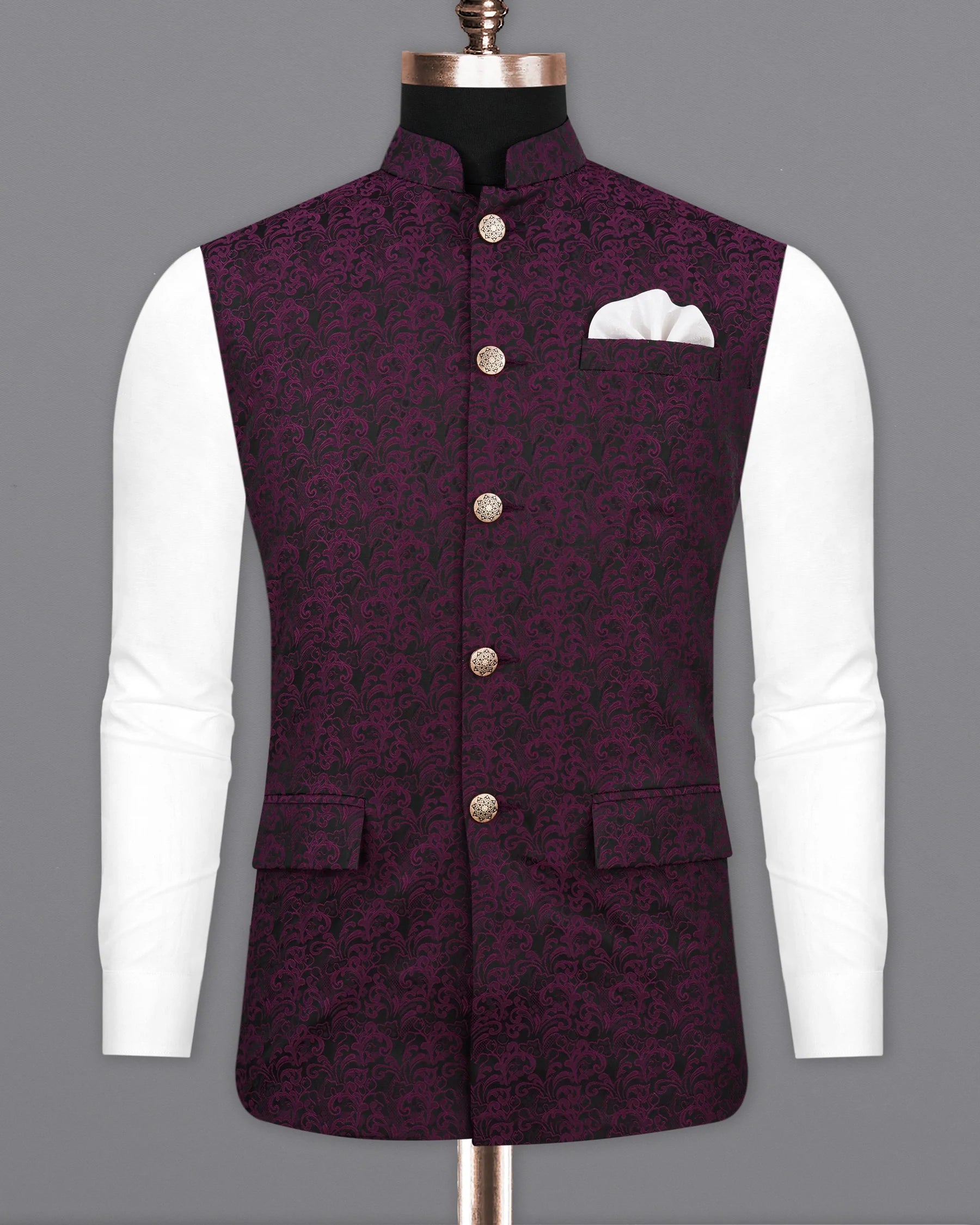 Thunder Dark Maroon with Byzantium Maroon Damask Bandhgala Nehru Jacket WC2159-38, WC2159-39, WC2159-40, WC2159-42, WC2159-44, WC2159-46, WC2159-48, WC2159-50, WC2159-52