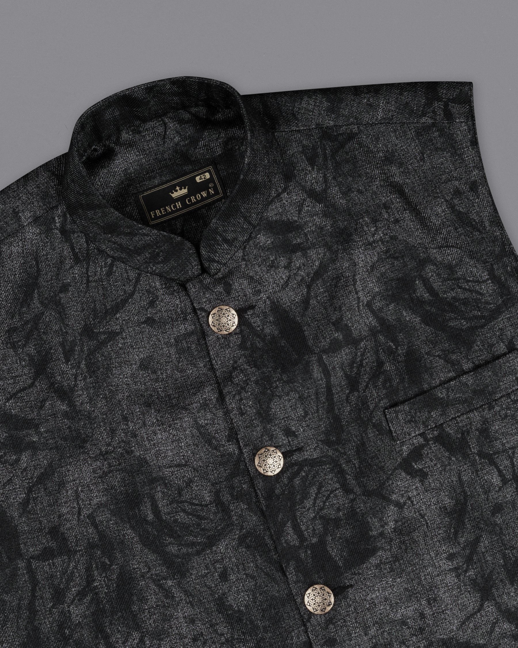 Flint Gray and Jade Black Textured Designer Nehru Jacket WC2180-36, WC2180-38, WC2180-40, WC2180-42, WC2180-44, WC2180-46, WC2180-48, WC2180-50, WC2180-52, WC2180-54, WC2180-56, WC2180-58, WC2180-60