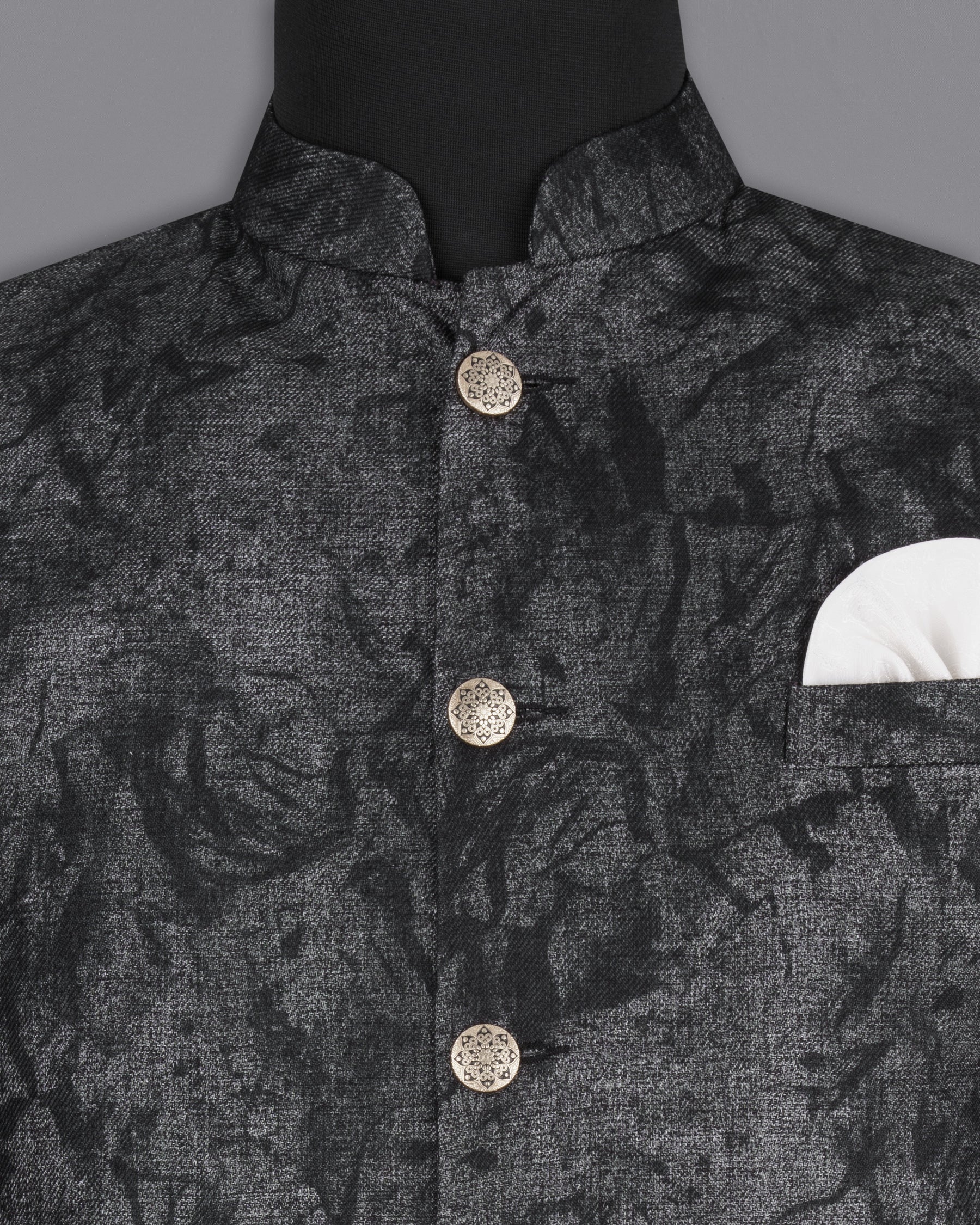 Flint Gray and Jade Black Textured Designer Nehru Jacket WC2180-36, WC2180-38, WC2180-40, WC2180-42, WC2180-44, WC2180-46, WC2180-48, WC2180-50, WC2180-52, WC2180-54, WC2180-56, WC2180-58, WC2180-60